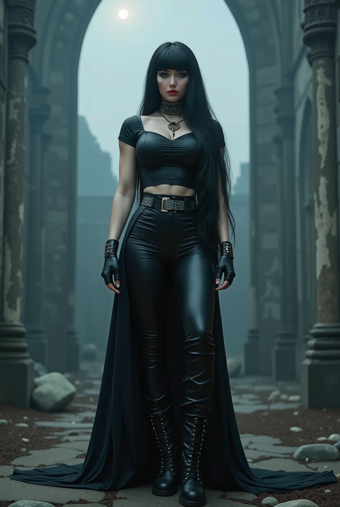 gothic rock woman Long black hair with bangs , thin waist , thick thighs , big breasts , six pack abs , toned legs , biceped , leather t-shirt , Black leather pants , high-heeled lace-up high heels black leather boots , Goth makeup , black eyeliner , woman...