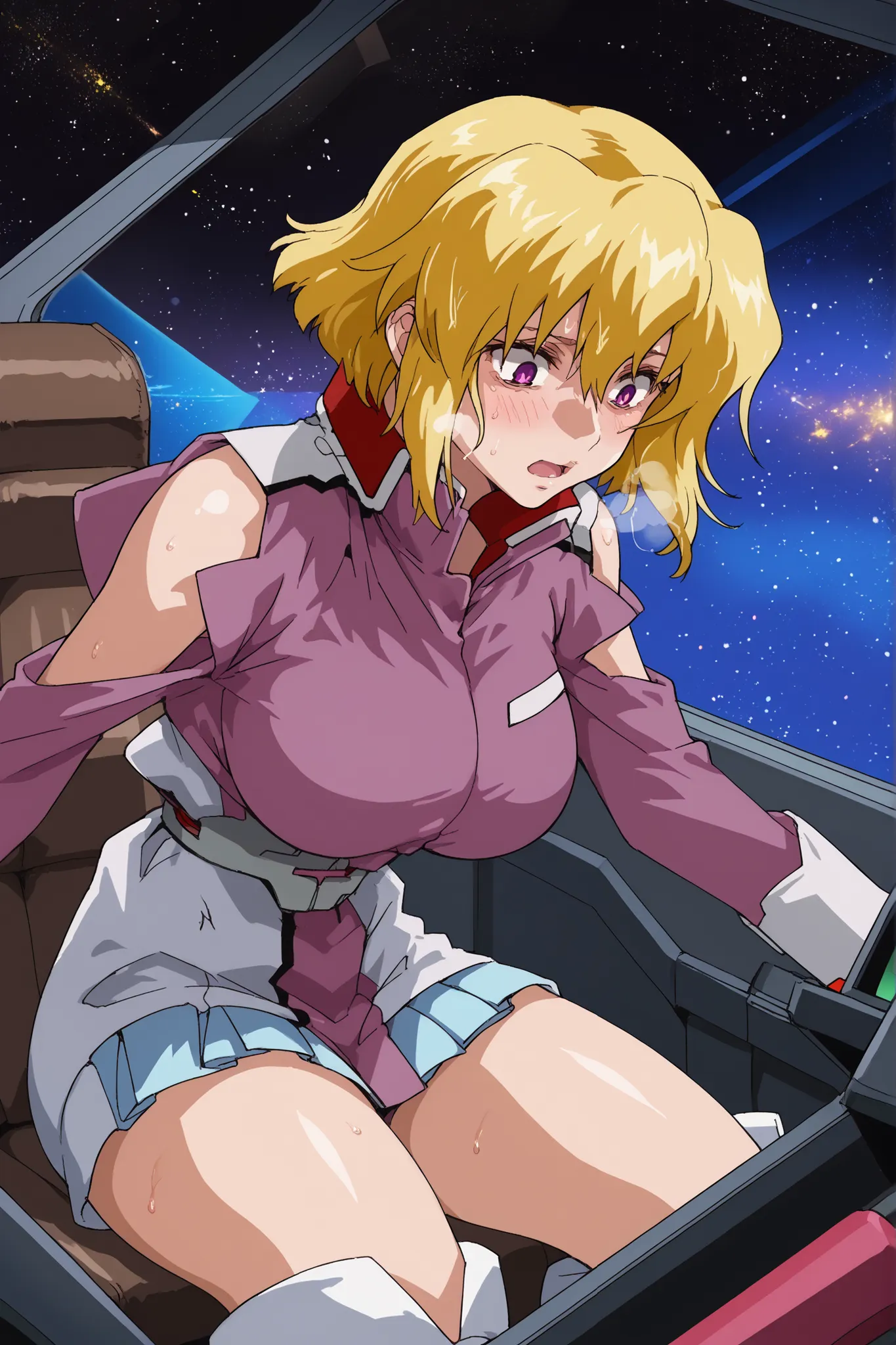 score_9,score_8_up,score_7_up,score_6_up,score_5_up,score_4_up,anime coloring,source_anime,anime screencap,stella,1girl,solo,purple eyes,blonde hair,short hair, pink jacket,shoulder cutout,blue one-piece,thigh boots,portrait, solo, be shy of, blush, huge b...