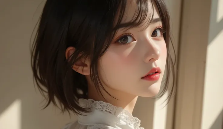 8k,Ultra High Definition , Highest Quality, masterpiece,rule of thirds,golden ratio,surreal,pictures, One woman,( girl:1.3),cute,cute顔, Beautiful Eyes in Every Detail , 細かくdetails,mature women who are rebellious to me,princess,Upper body,black hair,Short S...