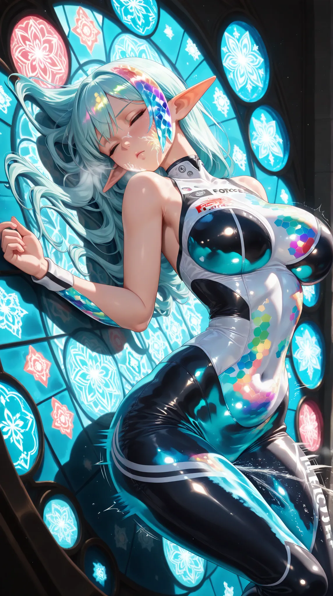 (masterpiece, Best Quality), 8k,(((Very detailed))), race:1.8,Super intricate race pattern, colorful race pattern, Stained Glass Background Transparent Body, Light up,cold, 1 female, sultry body with sexsy belly, like Sensual elegance, Sexy Body, Sexy Appearance, night view in the background、 Intelligent faceLarge Breasts,Photographed from the front、Facial lighting、ultra clear stained glass,reflect water , crystal light,elf,long hair,colorful lighting hair,(squirting a lot with force :1.4),climax orgasm,(curvy ,lie down,steam), (convulsions motion effect:1.3), (bend one's torso backward ),(angle from face side ,from above:1.3),curvy hip,thick neck,