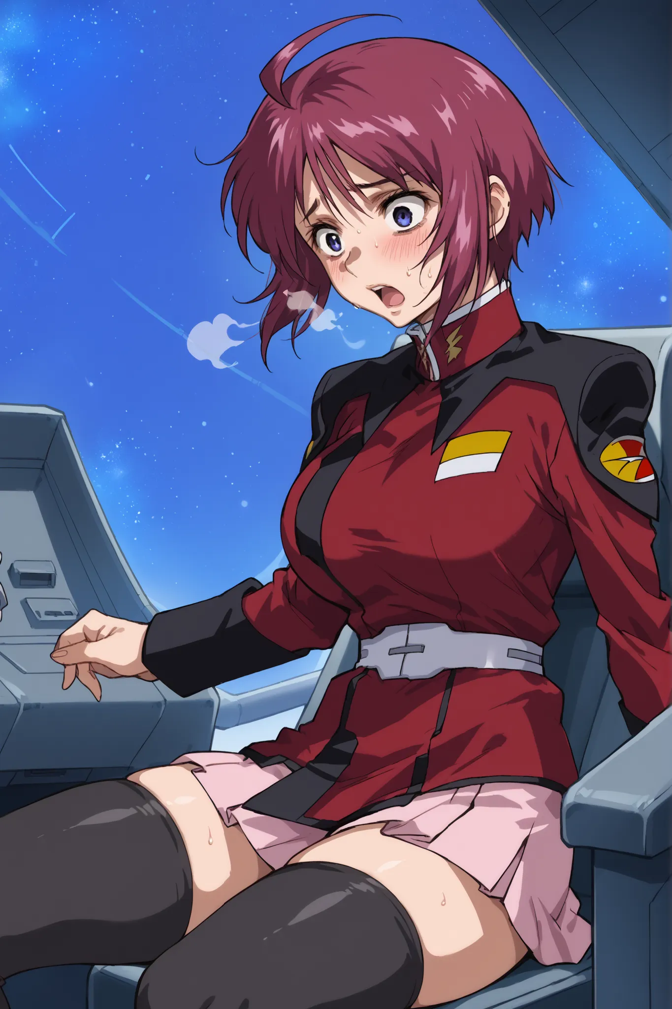 score_9,score_8_up,score_7_up,score_6_up,score_5_up,score_4_up,anime coloring,source_anime,anime screencap,lunamaria,1girl,solo,blue eyes,red hair,short hair,ahoge,destiny jacket,belt,pink miniskirt,pleated skirt,black thighhighs,portrait, solo, be shy of,...