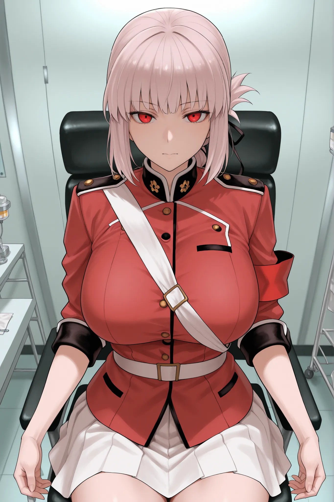 Nightingale  (Fate/Grand Order),solo,1girl,sit on chair,red outfit, white skirt, POV ,Disease examination room, look at viewer,bbc dick sides , 