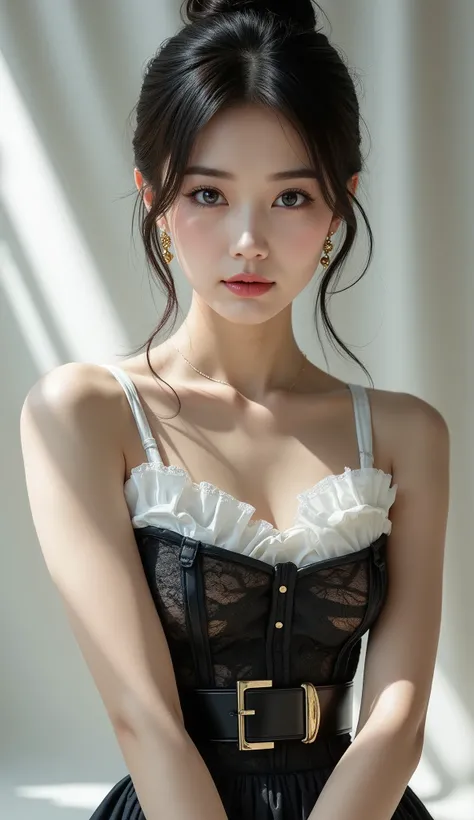 8k,Ultra High Definition , Highest Quality, masterpiece,rule of thirds,golden ratio,surreal,pictures, One woman,( girl:1.3),cute,cute顔, Beautiful Eyes in Every Detail , 細かくdetails,mature women who are rebellious to me,,Full body,black hair,Layered cut,ID p...
