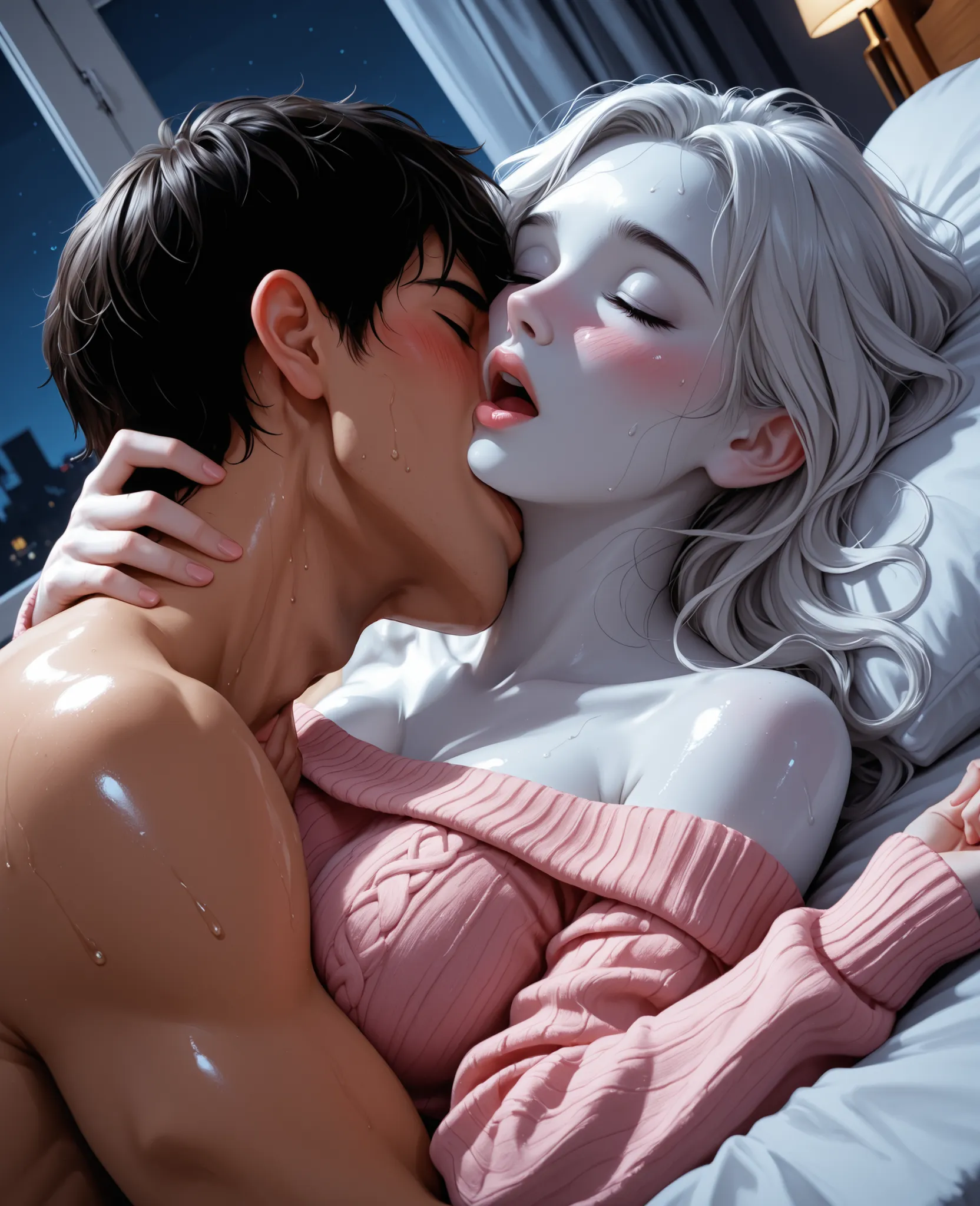 score_9, score_8_up, score_7_up, 1woman, solo, hair, closed eyes, white skin, white-skinned female, long wavy black hair, lovely medium breasts, perfect body, pink off shoulders sweater, exposed shoulders, sweat, female organism, open mouth, looking at vi...