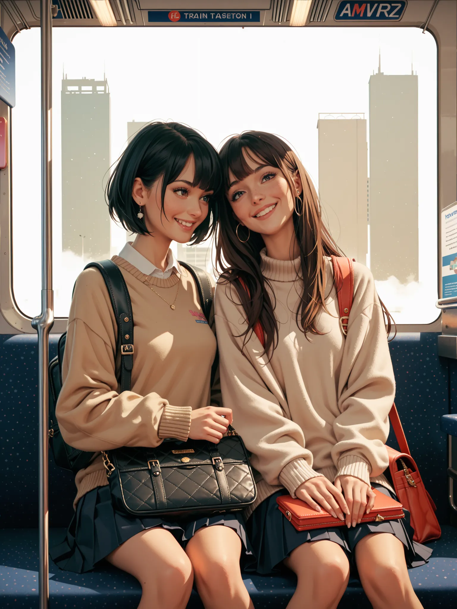 score_9, score_8_up, score_7_up, score_6_up, score_5_up, score_4_up, 2 girls, talking to each other, smiling, long hair, short hair, sweater, pleated skirt, backpack, handbag, train seat, window, city view, inside train,