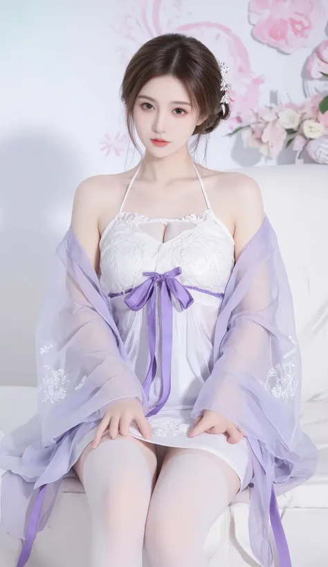 robe, 1 girl, [[ eyes, 白flower, ribbon, Chest, 白色 Chinese clothing , Chinese clothing , skirt, flower, Gradient , Gradient background, embroidered ball flower, Watch the audience, small Chest, white pantyhose, Single, thigh 连裤袜