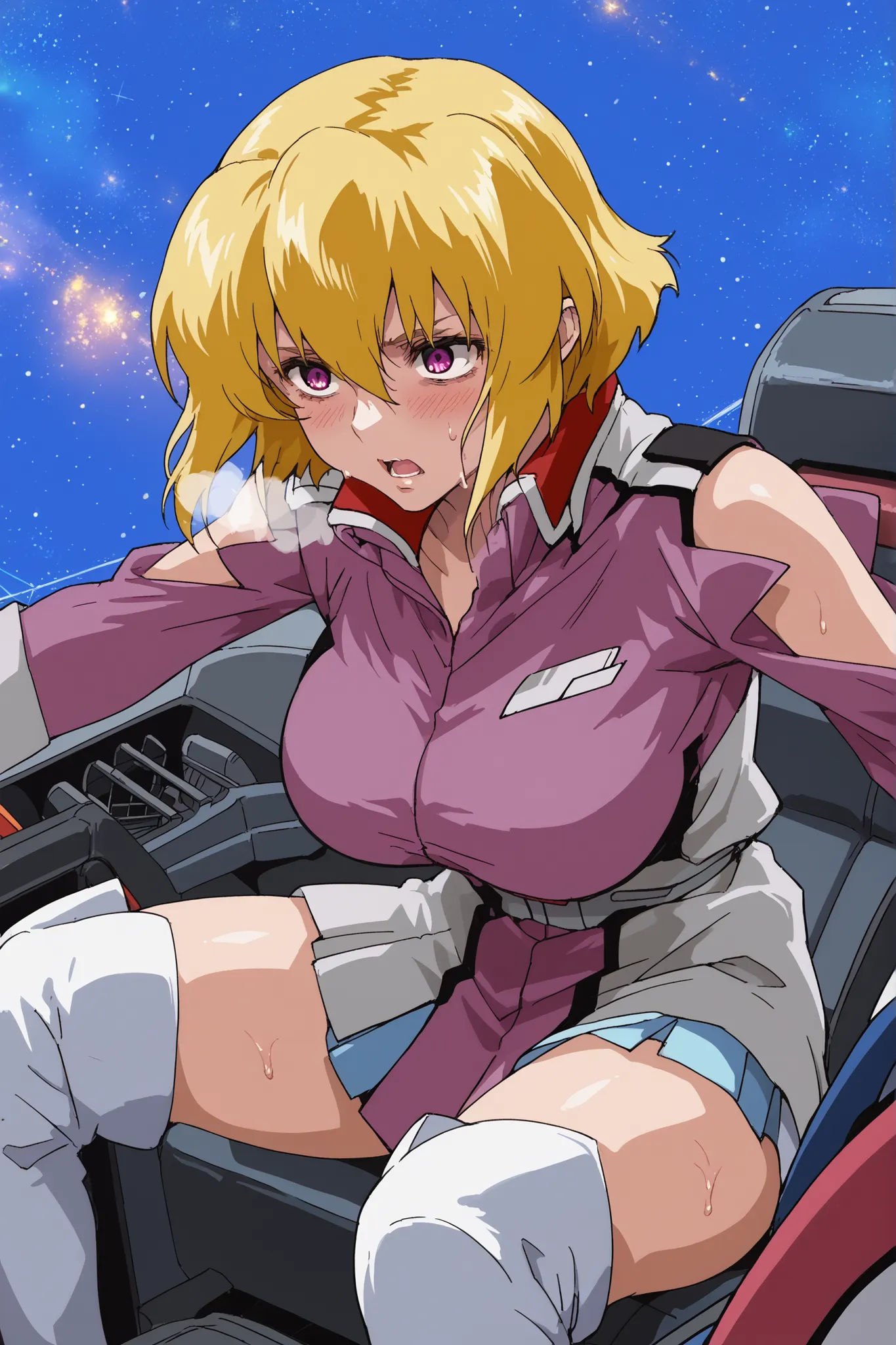 score_9,score_8_up,score_7_up,score_6_up,score_5_up,score_4_up,anime coloring,source_anime,anime screencap,stella,1girl,solo,purple eyes,blonde hair,short hair, pink jacket,shoulder cutout,blue one-piece,thigh boots,portrait, solo, be shy of, blush, huge b...