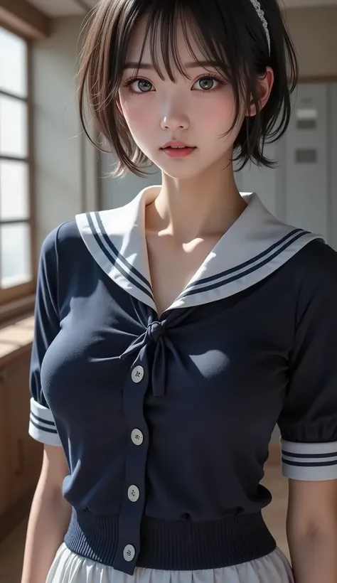 8k,Ultra High Definition , Highest Quality, masterpiece,rule of thirds,golden ratio,surreal,pictures, One woman,( girl:1.3),cute,cute顔, Beautiful Eyes in Every Detail , 細かくdetails,mature women who are rebellious to me,Full body,black hair,Short Messy hair,...