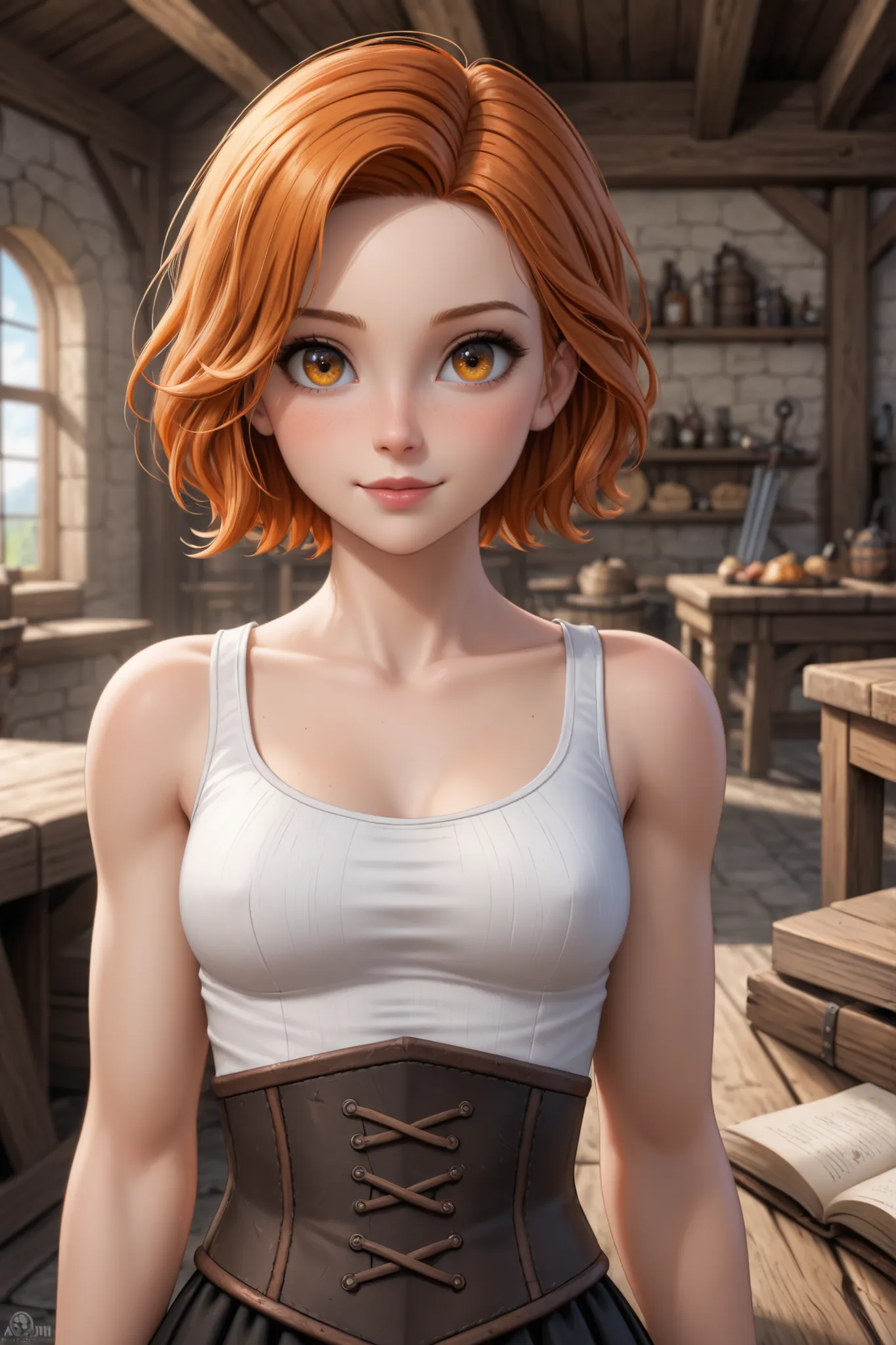1girl, cute, young, blacksmith, at her workshop, white tanktop, black blacksmiths appron, orange hair, medium-short hair, aubrun eyes, slim, fit strong body, medium sized chestmasterpiece, best quality, 4k, medieval RPG