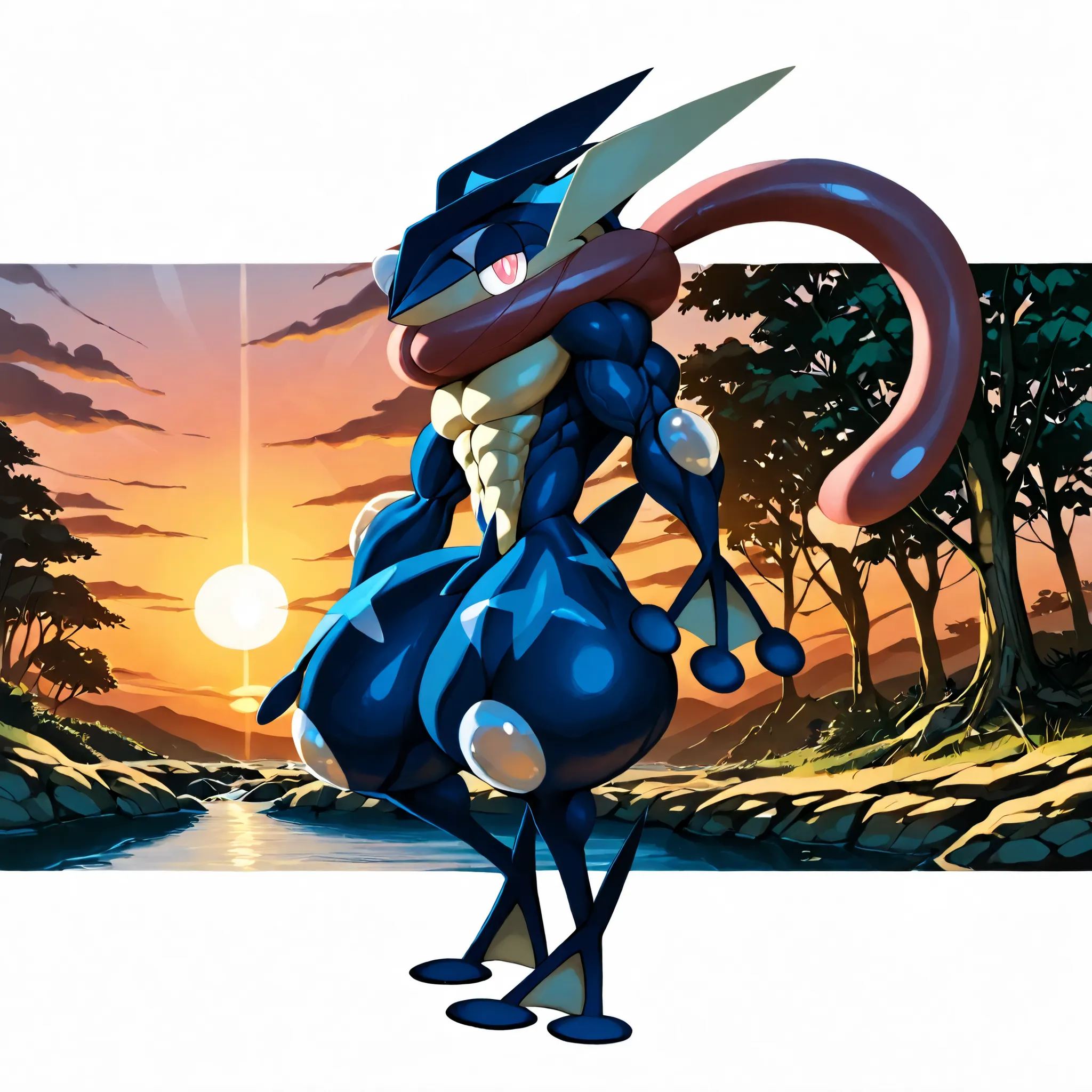 solo, full body, from front, standing, BREAK Greninja(Pokémon), Pokémon(creature), greninja_default, BREAK big eyes, round eyes, slant eyes, reddish pink eyes, looking at viewer, smile, BREAK Huge and strong body of overwhelming muscularity, Hyper Giant mu...