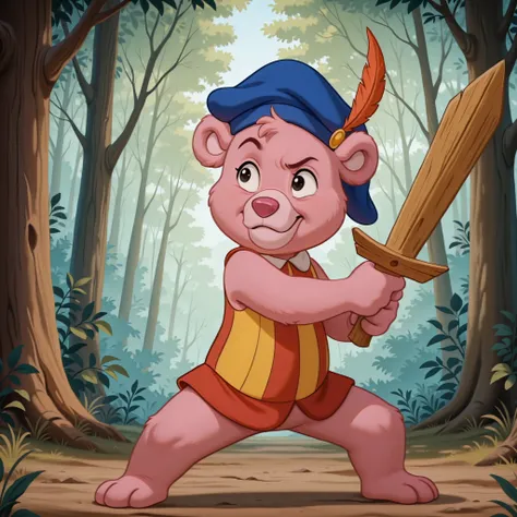 cubbigummixl, amazing quality, absurd res, newest, masterpiece, anthro, solo, pink bear, blue hat with feather, striped tunic, white collar, action stance, forest, sunny, holding weapon, wooden sword, confident, raised eyebrow, ready to fight, full body