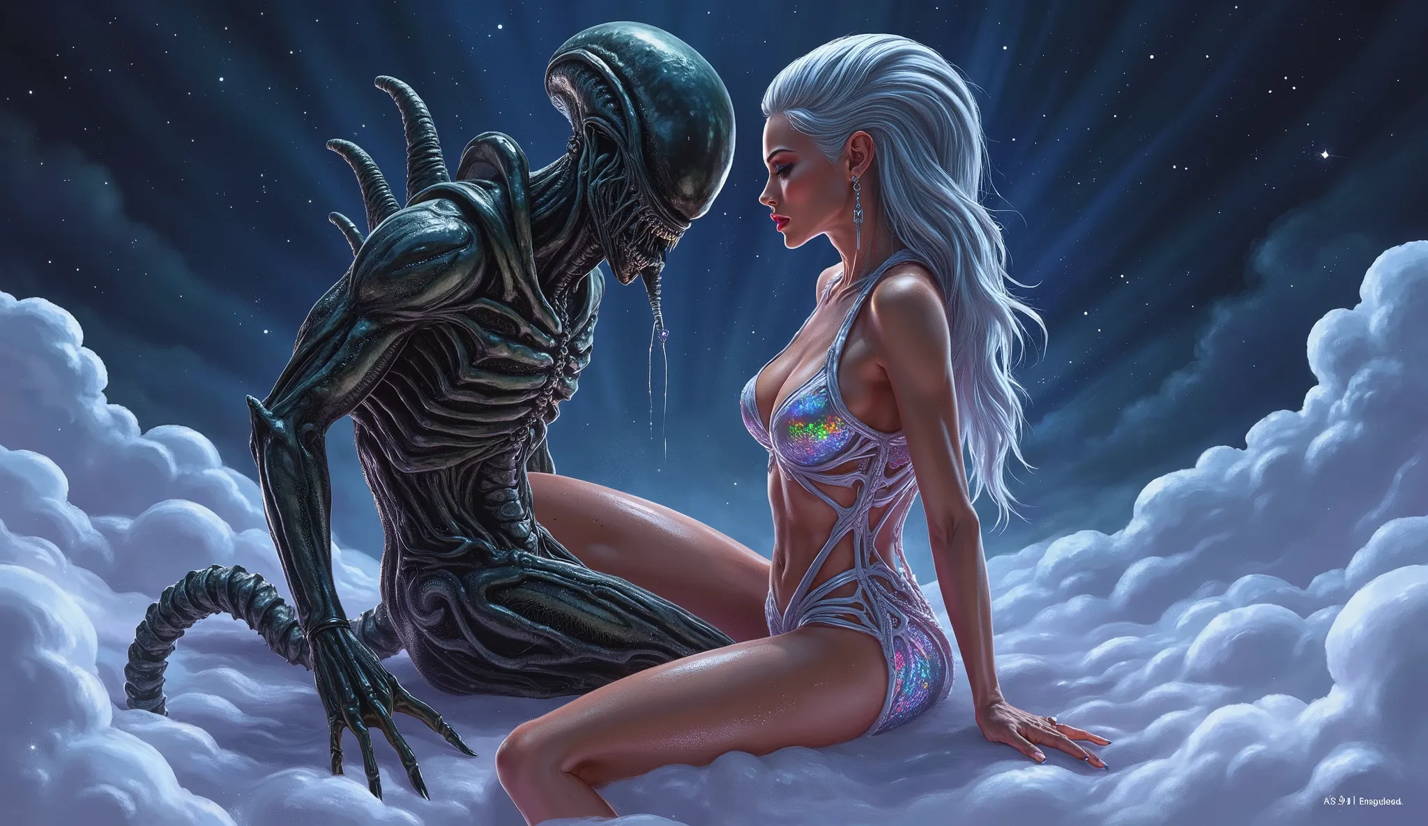 a sexy girl and an alien xenomorph, A porcelain-skinned star babe with high cheekbones, crimson lips, and waist-length silver hair in a sheer holographic mini-dress leans into a tall emerald-scaled alien with bioluminescent tattoos and braided metallic dre...