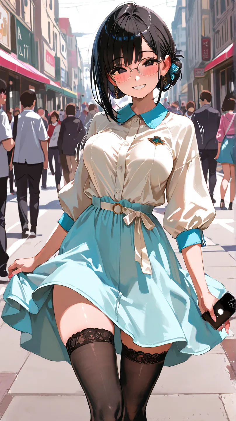 masterpiece, 8k, street snap shot, A lot of people, bob hairstyle, black hair, medium breasts, bouncing breasts, spring outfit, medium long skirt, exposed legs, black thighhigh, blush, smile, grin, glasses, (mole under the eye:1.0), holding a mini pochette, looking at viewer, (walk on street), sexual climax, iPhone, 