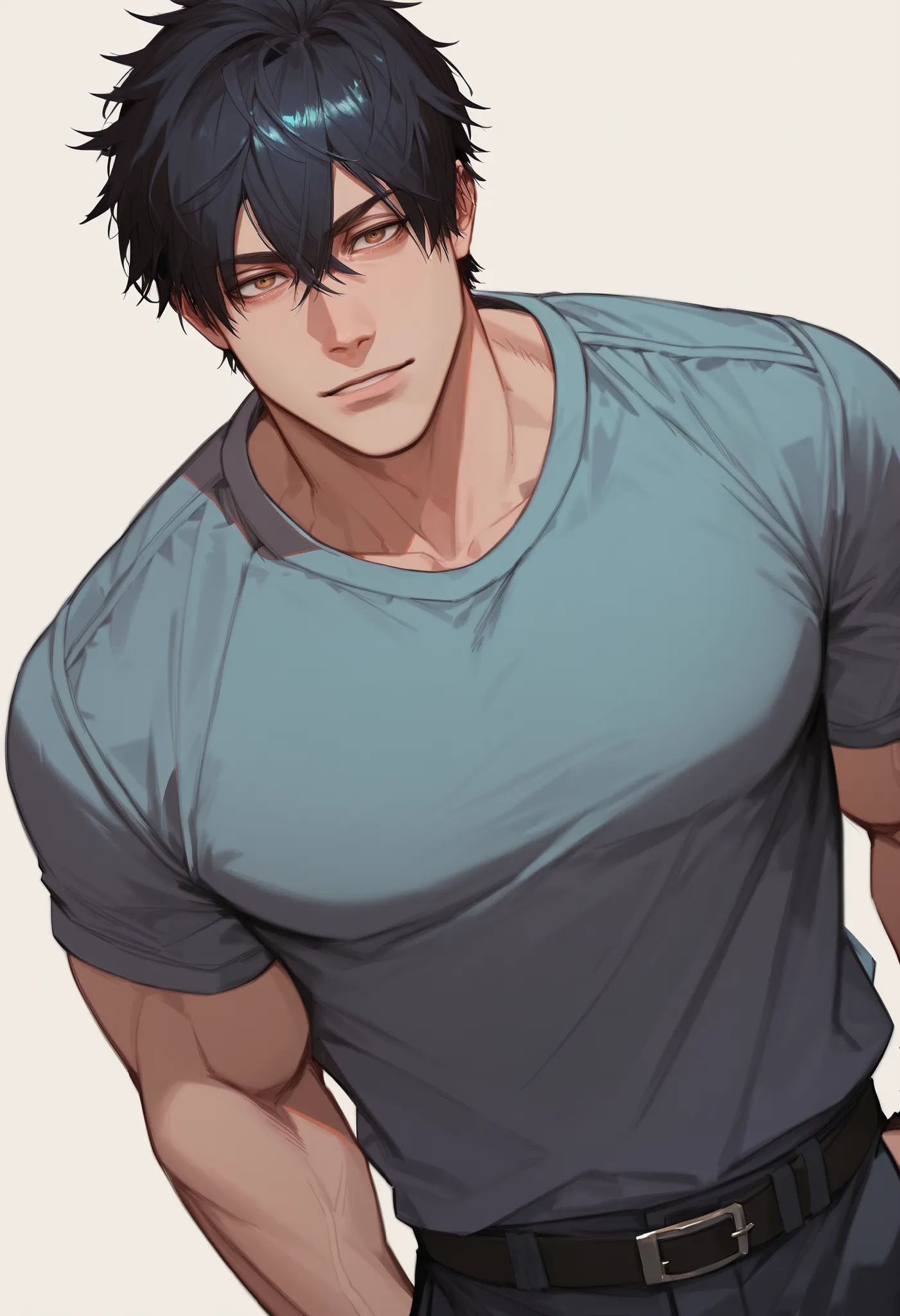 1boy, looking at viewer, keen eyes, brown eyes, simple background, bulky body, modern clotches, cowboy shot angle, sexy, highres, dark hair, hair between eyes, DILF,