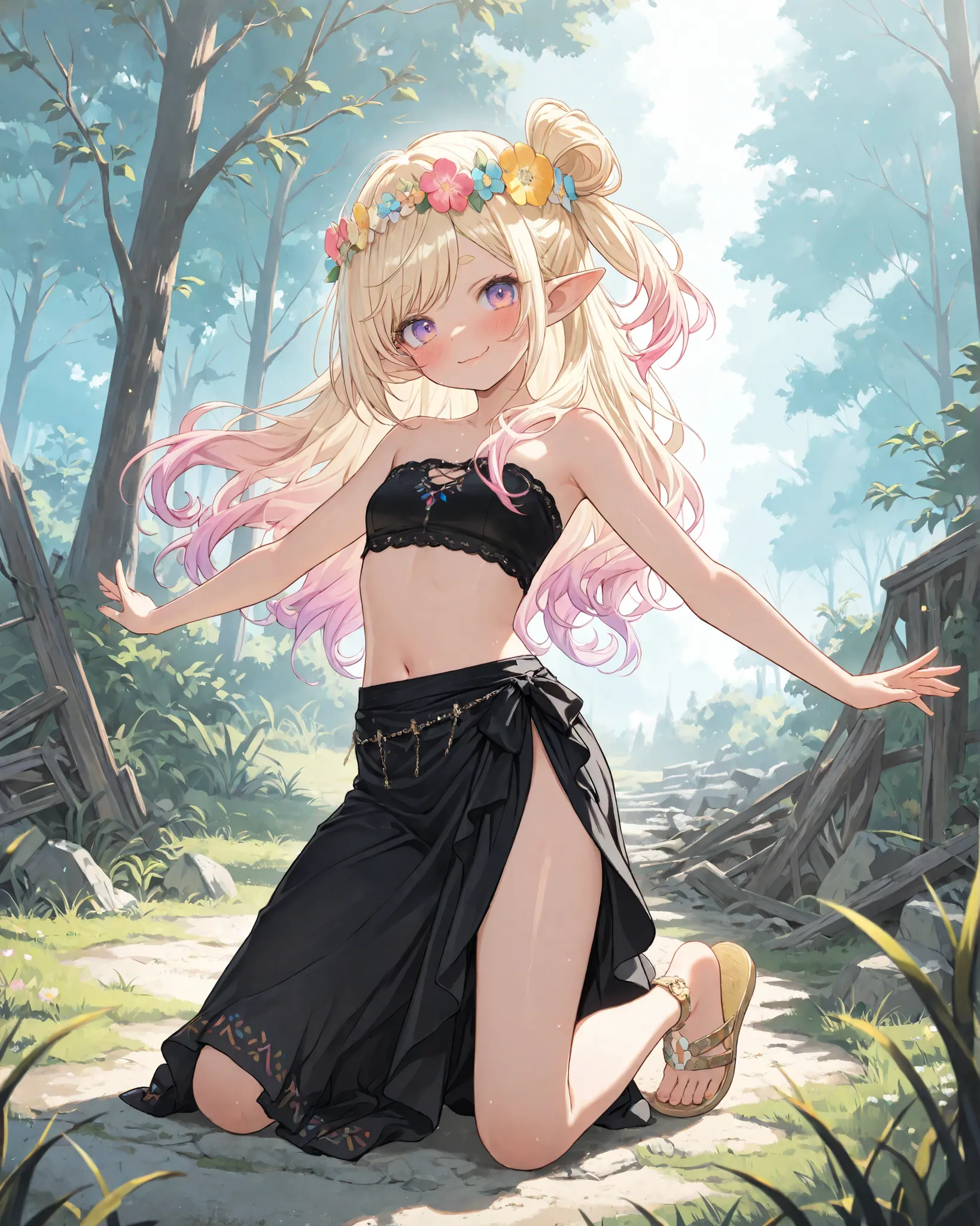 ((Masterpiece)), ((best quality, very aesthetic, absurdres, newest)), (wide shot), (8K), (cinematic lighting), ((1girl)), (cute young girl), (Healthy body, Textured skin, small breast, tilt head), elf ears, Glossy unruly hair, (beautiful blond hair, gradie...