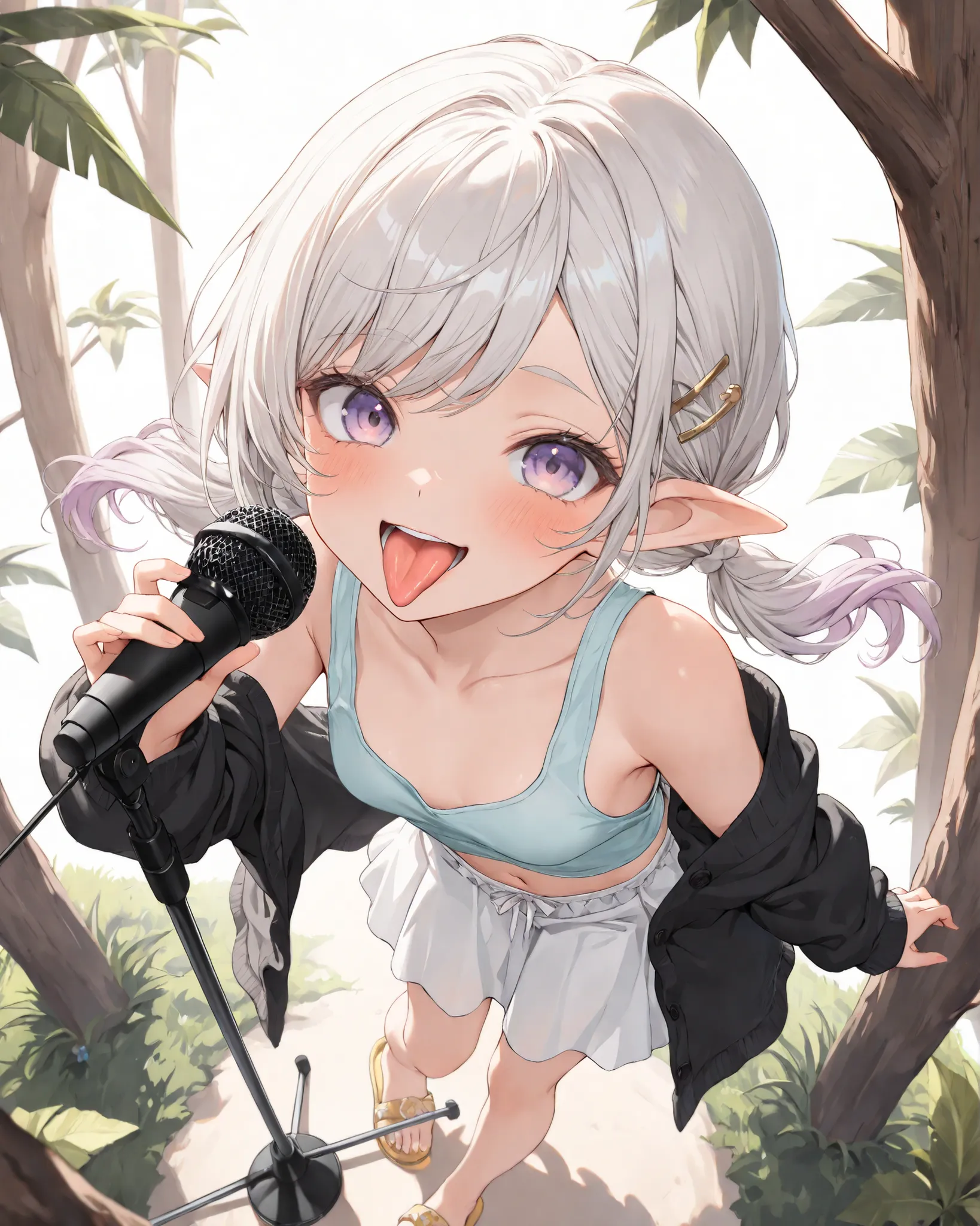 ((Masterpiece)), ((best quality, very aesthetic, absurdres, newest)), (fisheye, from above), (8K), (cinematic lighting), ((1girl)), (cute young girl), (Healthy body, Textured skin, small breast, tilt head), elf ears, Glossy unruly hair, (platinum-gold hair...