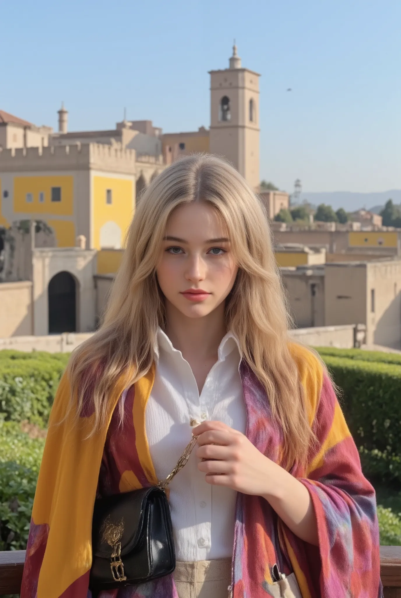  Beautiful Blonde Girl In High Definition Images、the brightly colored Alhambra Castle、 Magnificent、 There are enough castle ruins、 to drive you in awe、 A castle that rises slightly on a hill。