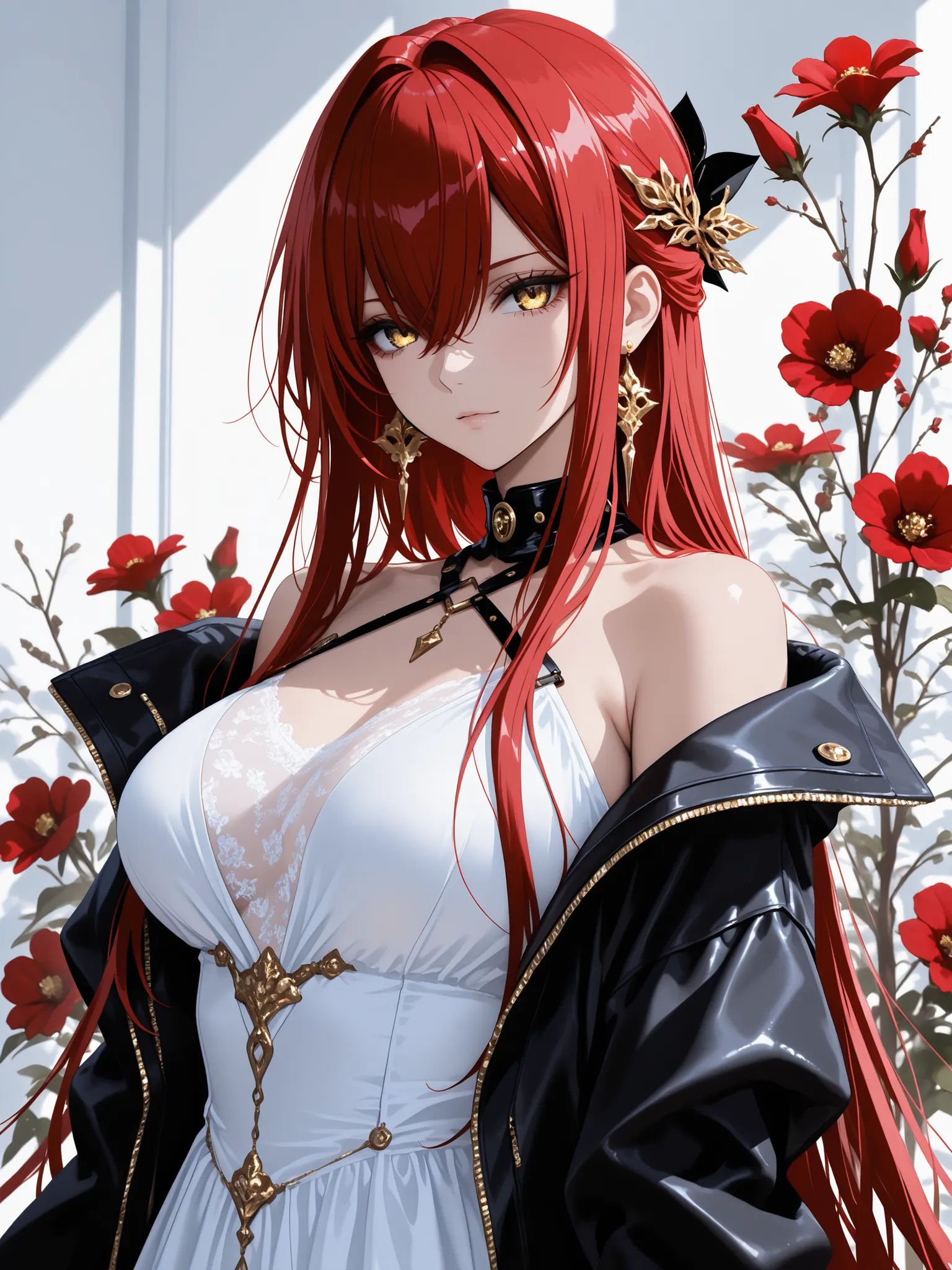 1 woman , adult, golden eyes , very long hair , long sidelocks, red hair ,half updo, petite , very cute , beautiful ,Straight hair, cool, handsome, hair between eyes, sexy, large breast, low eyes, bare_shoulders, black_collar, black_jacket, collar, dress, ...