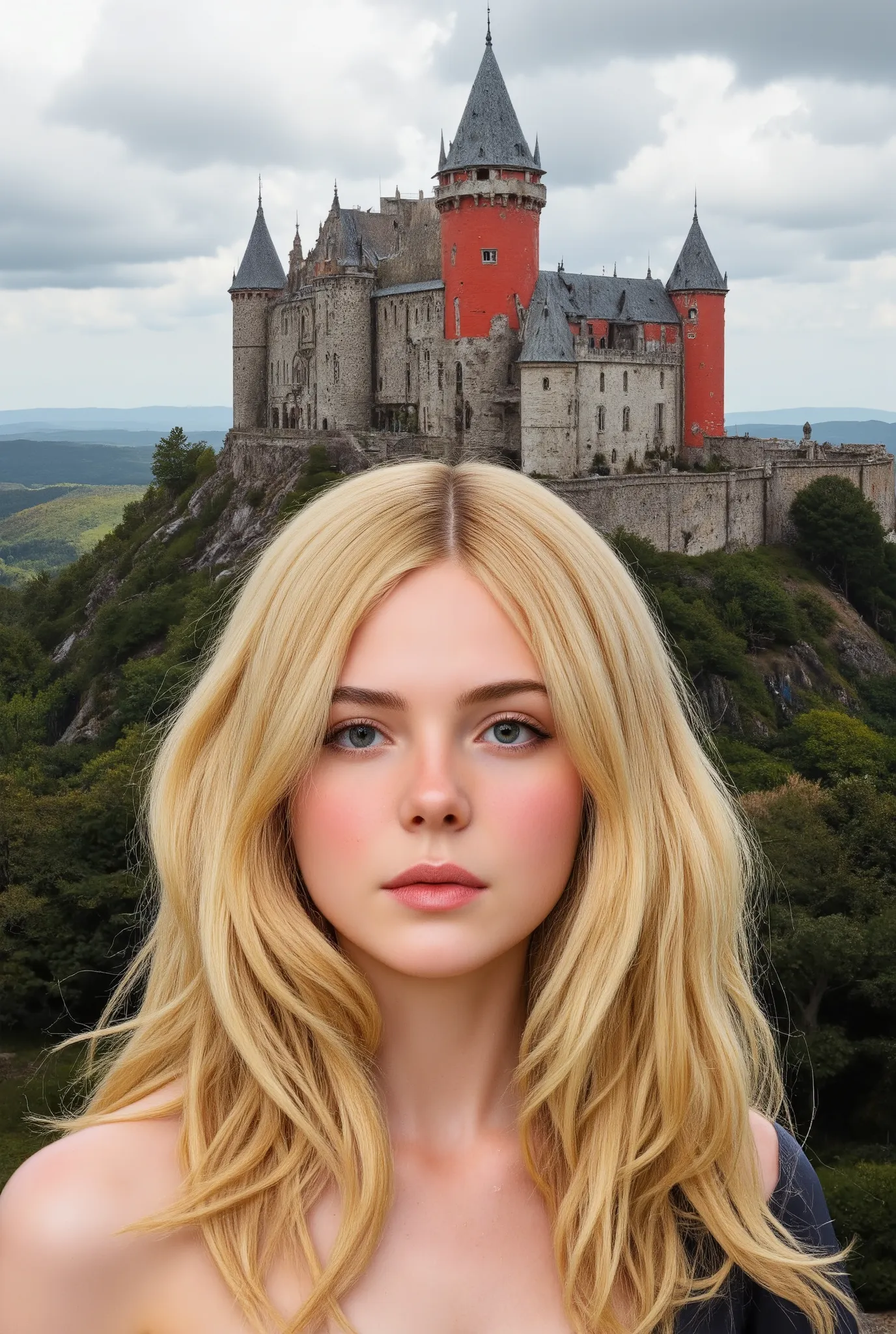 Beautiful Blonde Girl In High Definition Images、the brightly colored King Arthur's Camelot Castle、Magnificent、There are enough castle ruins、to drive you in awe、A castle that rises slightly on a hill。