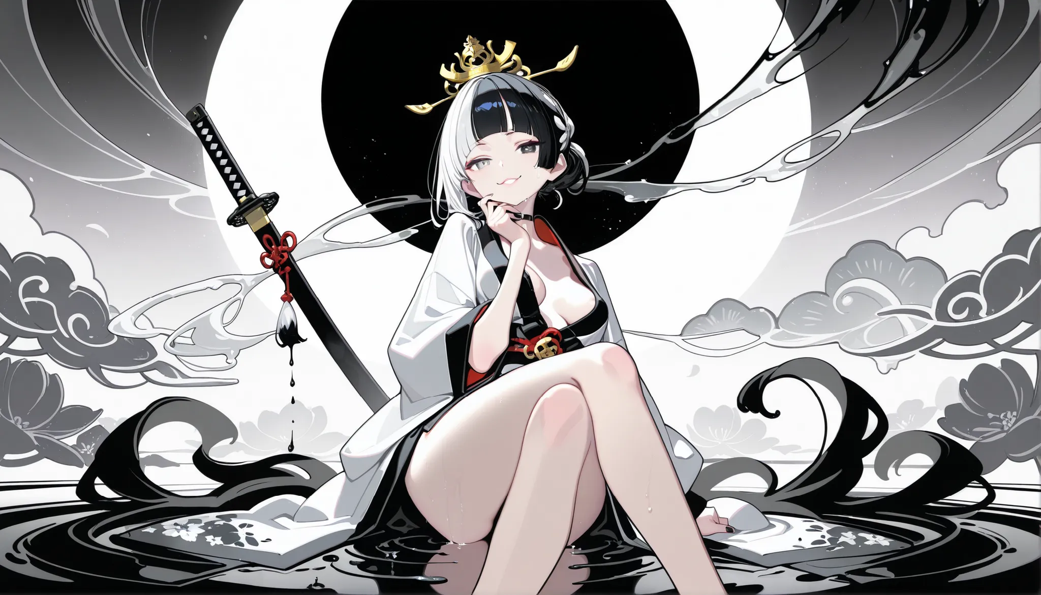1girl, light lavender eye, jitome (0.5), Asymmetrical hair (half black hair and half white hair), blunt bangs, hime cut, ponytail, Medium Breast, queen, melting black haori, white kimono, flower pettern, Choker, black nail polish, doremi, hwansang, mx2j, m...