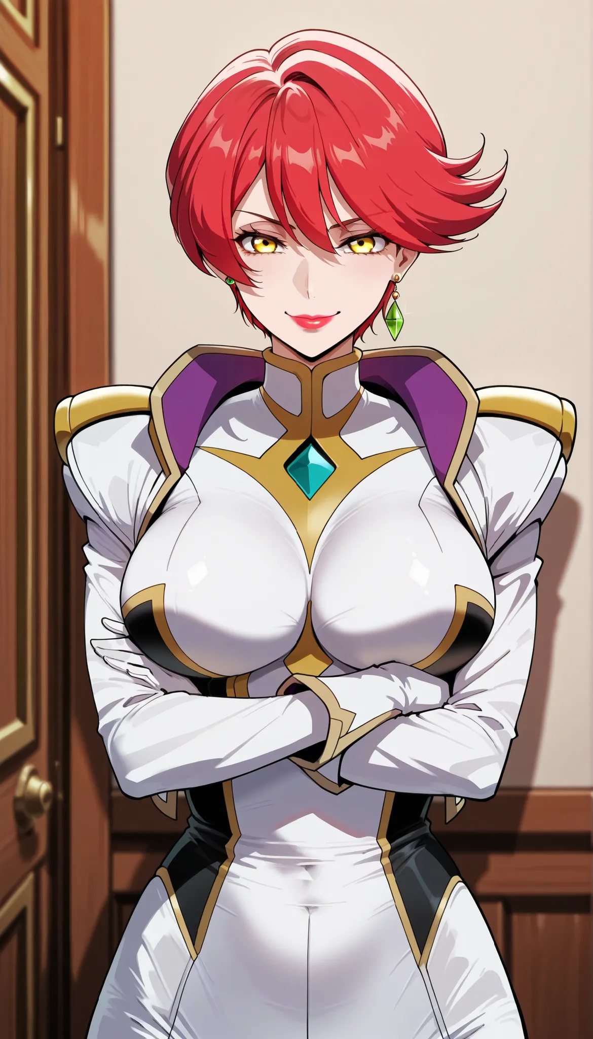 narah_pilotsuit,narah vaughn,1girl,solo,red hair, crossed arms,short hair,breasts ,yellow eyes,gloves,jewelry,earrings,lipstick,large breasts,mature female,MILF, standing , score_9, score_8_up, score_7_up, score_6_up, score_5_up, score_4_up , narah_pilotsu...