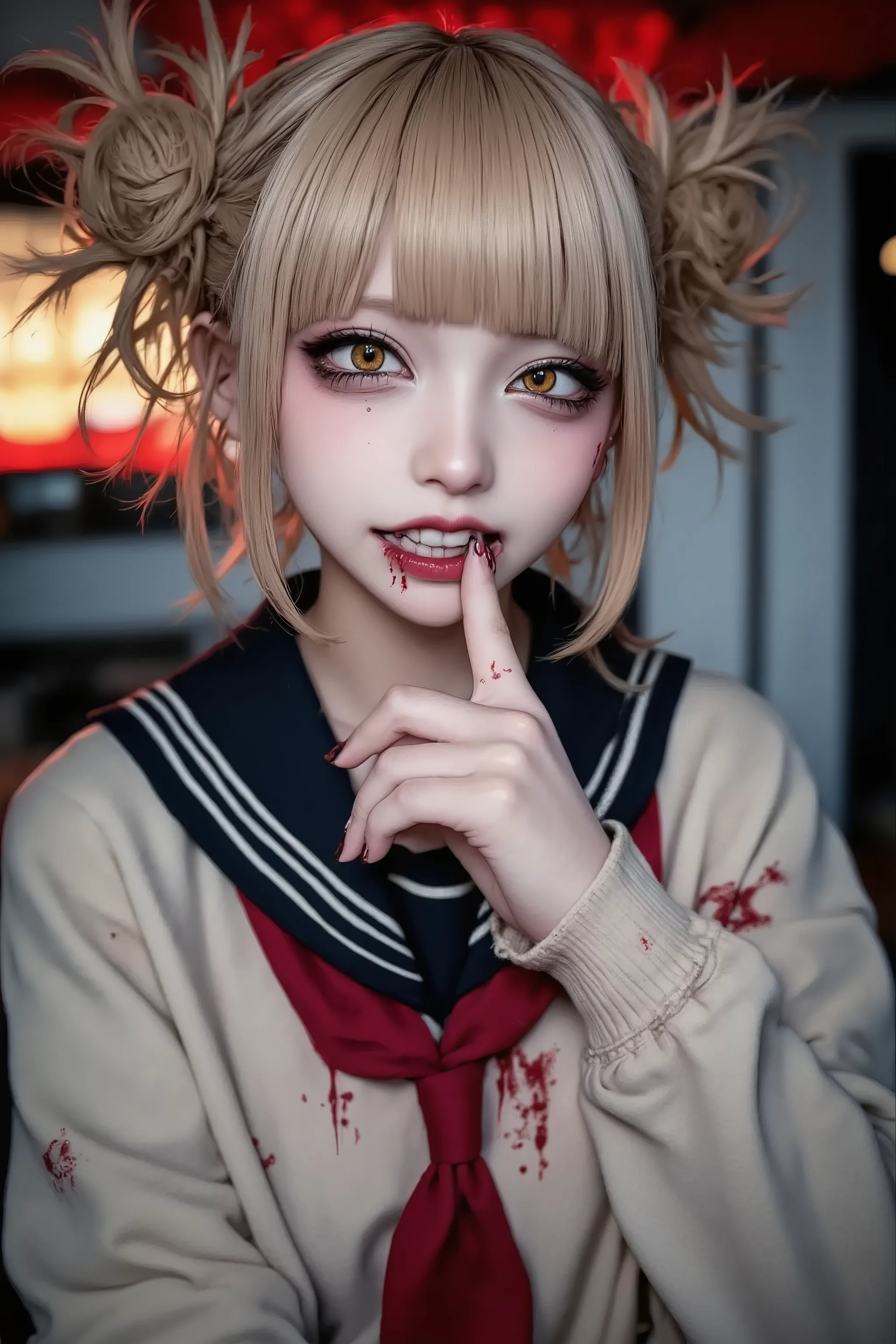 1girl,street snapshot,(evil grin),solo,blonde hair,school outfit,Show front teeth,bite finger,blood on mouth,horror mood,at night,anatomical correct,cute fingers,fashion portrait,artist photoshoot,solo,Touching the face,dynamic pose,dynamic angle,dramatic,...