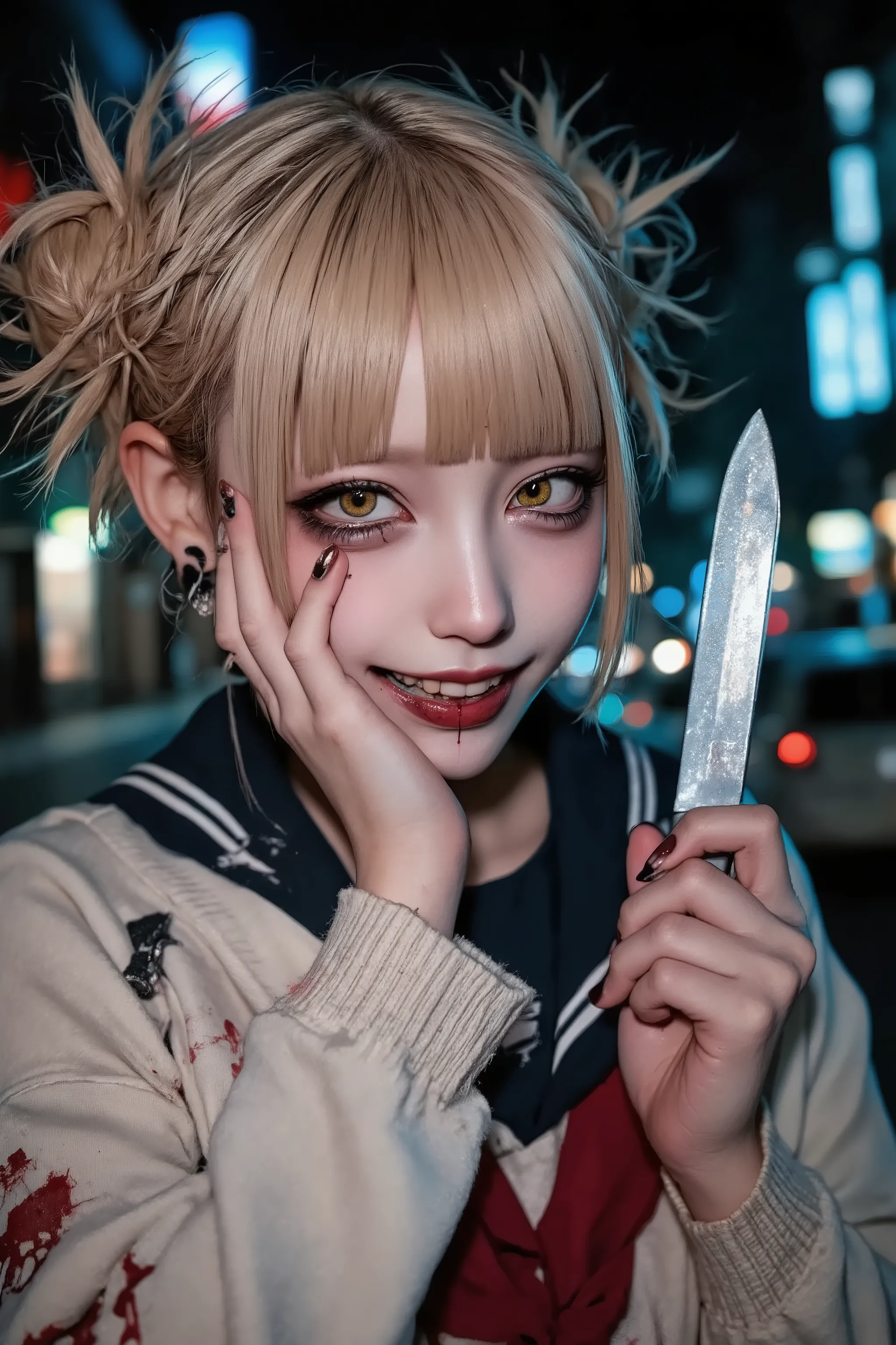 1girl,street snapshot,(evil grin),solo,blonde hair,school outfit,holding knife,bloody,horror mood,at night,anatomical correct,cute fingers,fashion portrait,artist photoshoot,solo,Touching the face,dynamic pose,dynamic angle,dramatic,cinematic,Toga Himiko,h...