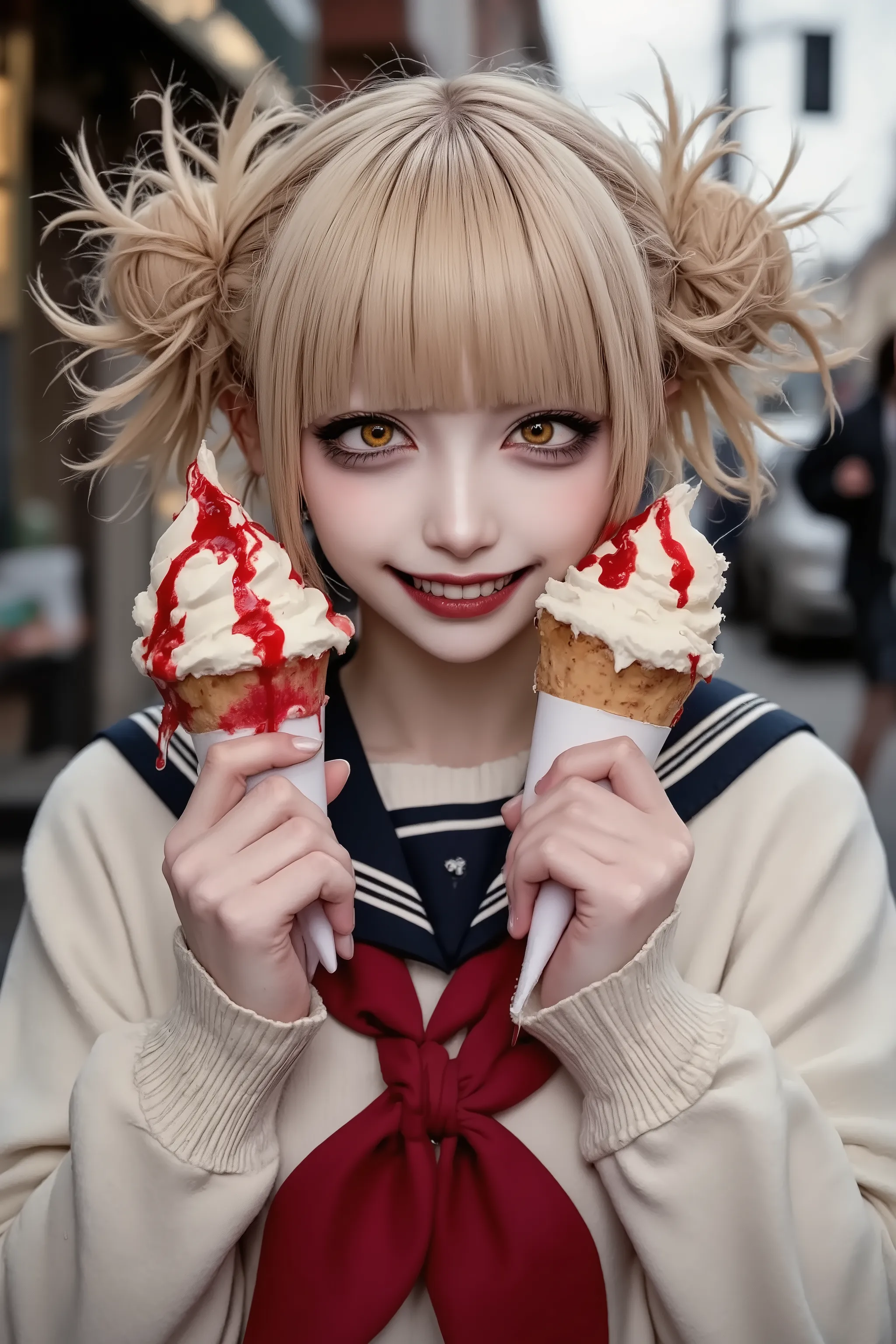 1girl,street snapshot,(evil grin),solo,blonde hair,school outfit,holding 2 icecream topping blood red  sauce,at day,cute fingers,anatomical correct,fashion portrait,artist photoshoot,solo,dynamic pose,dynamic angle,dramatic,cinematic,horror mood,Toga Himik...