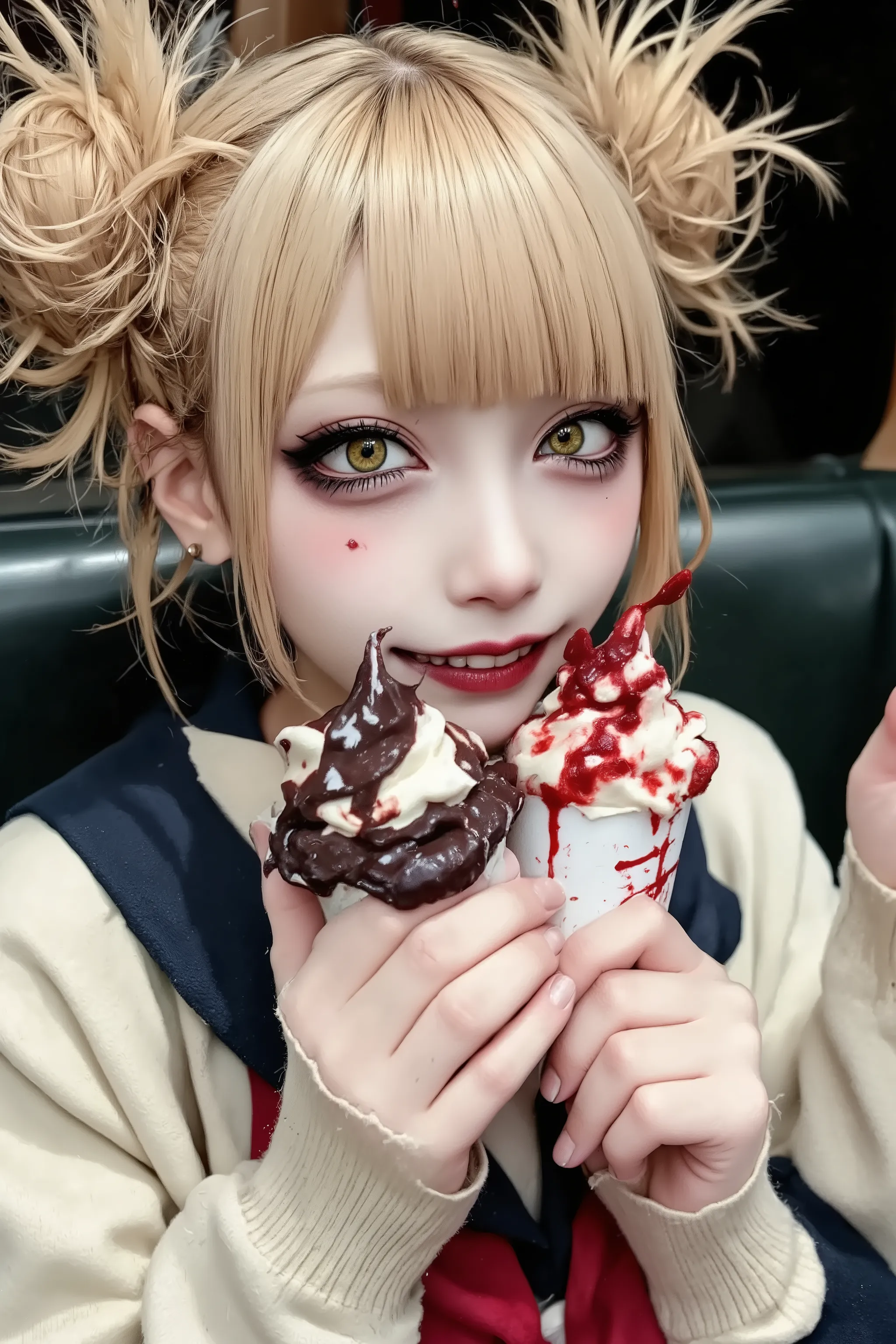 1girl,street snapshot,(evil grin),solo,blonde hair,school outfit,holding 2 icecream topping blood sauce,at day,cute fingers,anatomical correct,fashion portrait,artist photoshoot,solo,dynamic pose,dynamic angle,dramatic,cinematic,horror mood,Toga Himiko,him...