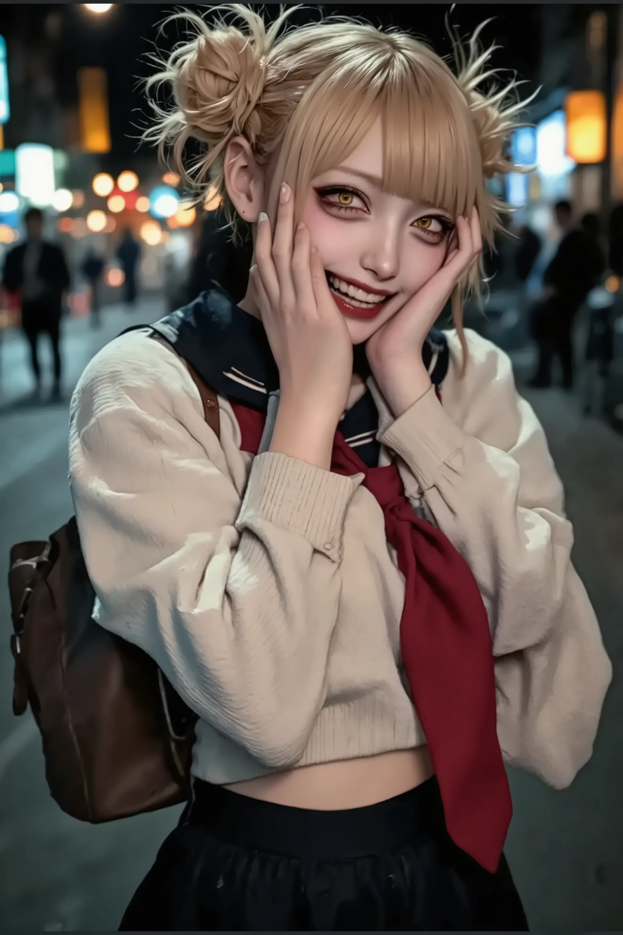 1girl,street snapshot,(evil grin),solo,blonde hair,school outfit,holding schoolbag,horror mood,at night,anatomical correct,cute  fingers,fashion portrait,artist photoshoot,solo,Touching the face,dynamic pose,dynamic angle,dramatic,cinematic,Toga Himiko,him...