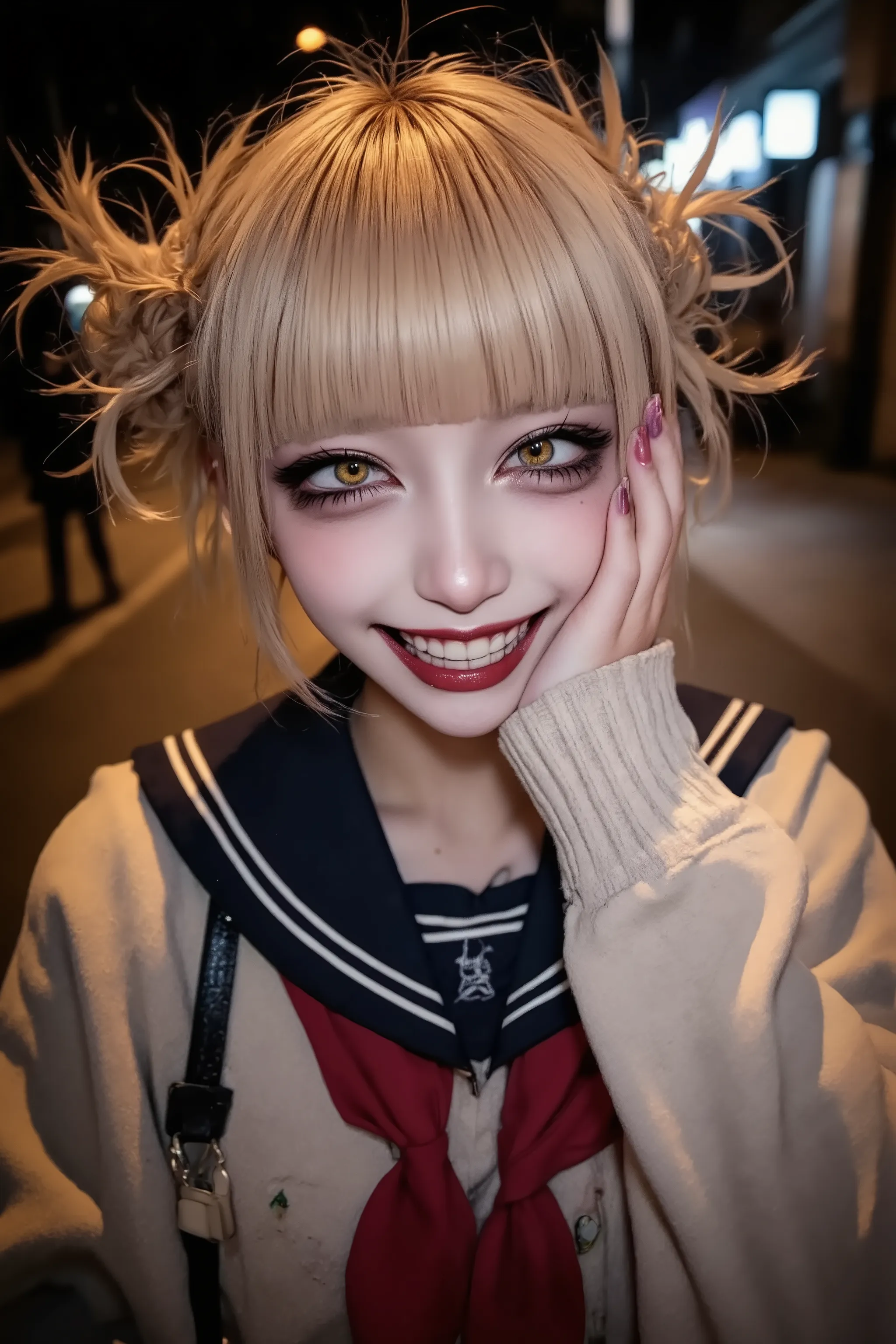 1girl,street snapshot,(evil grin),solo,blonde hair,school outfit,holding schoolbag,horror mood,at night,anatomical correct,cute fingers,fashion portrait,artist photoshoot,solo,Touching the face,dynamic pose,dynamic angle,dramatic,cinematic,Toga Himiko,himi...