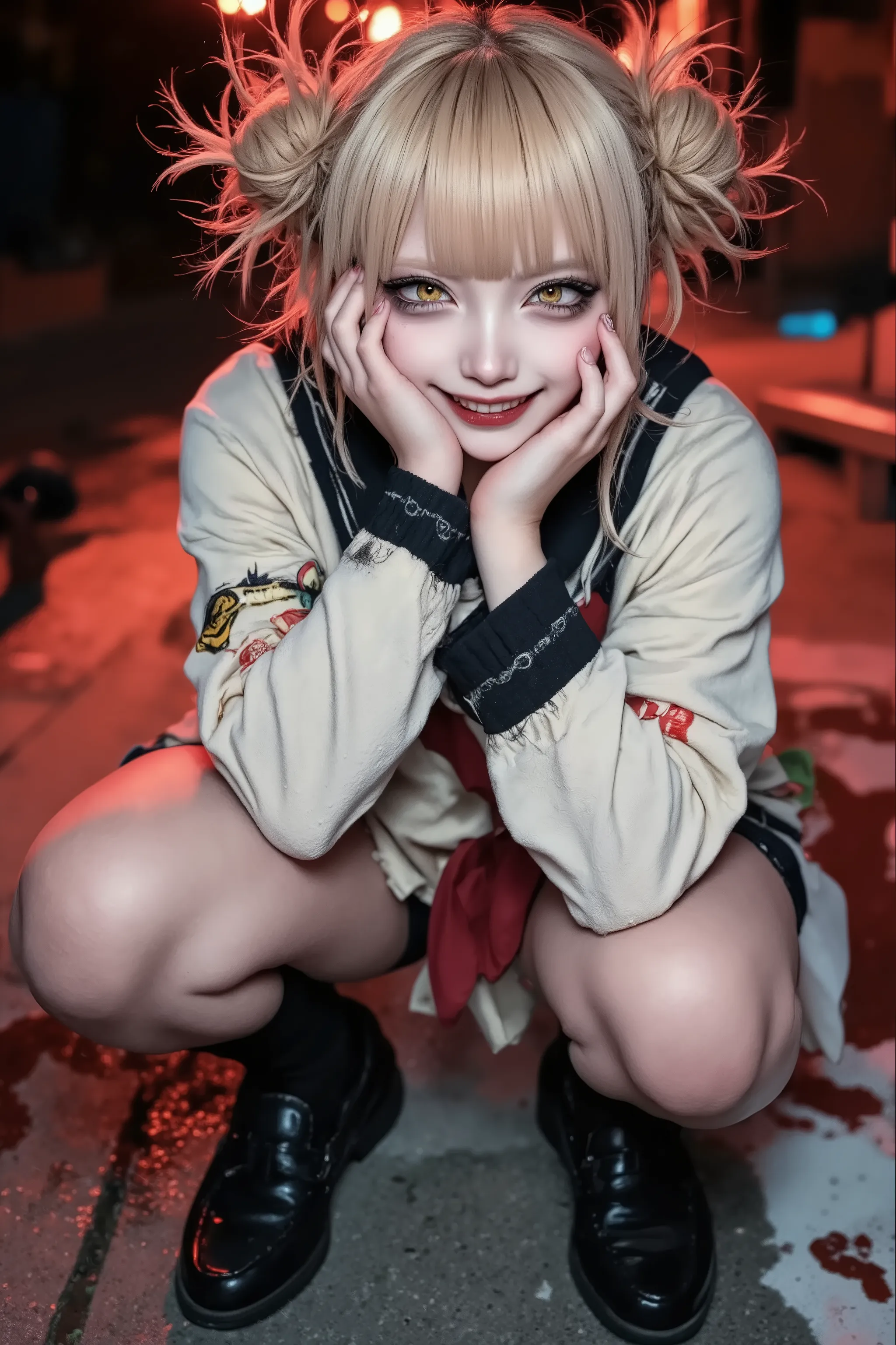 1girl,street snapshot,(evil smile,fullbody),solo,blonde hair,school outfit,Asian squat,black socks,loafer,horror mood,at night,anatomical correct,cute fingers,fashion portrait,artist photoshoot,solo,Touching the face,dynamic pose,dynamic angle,dramatic,cin...