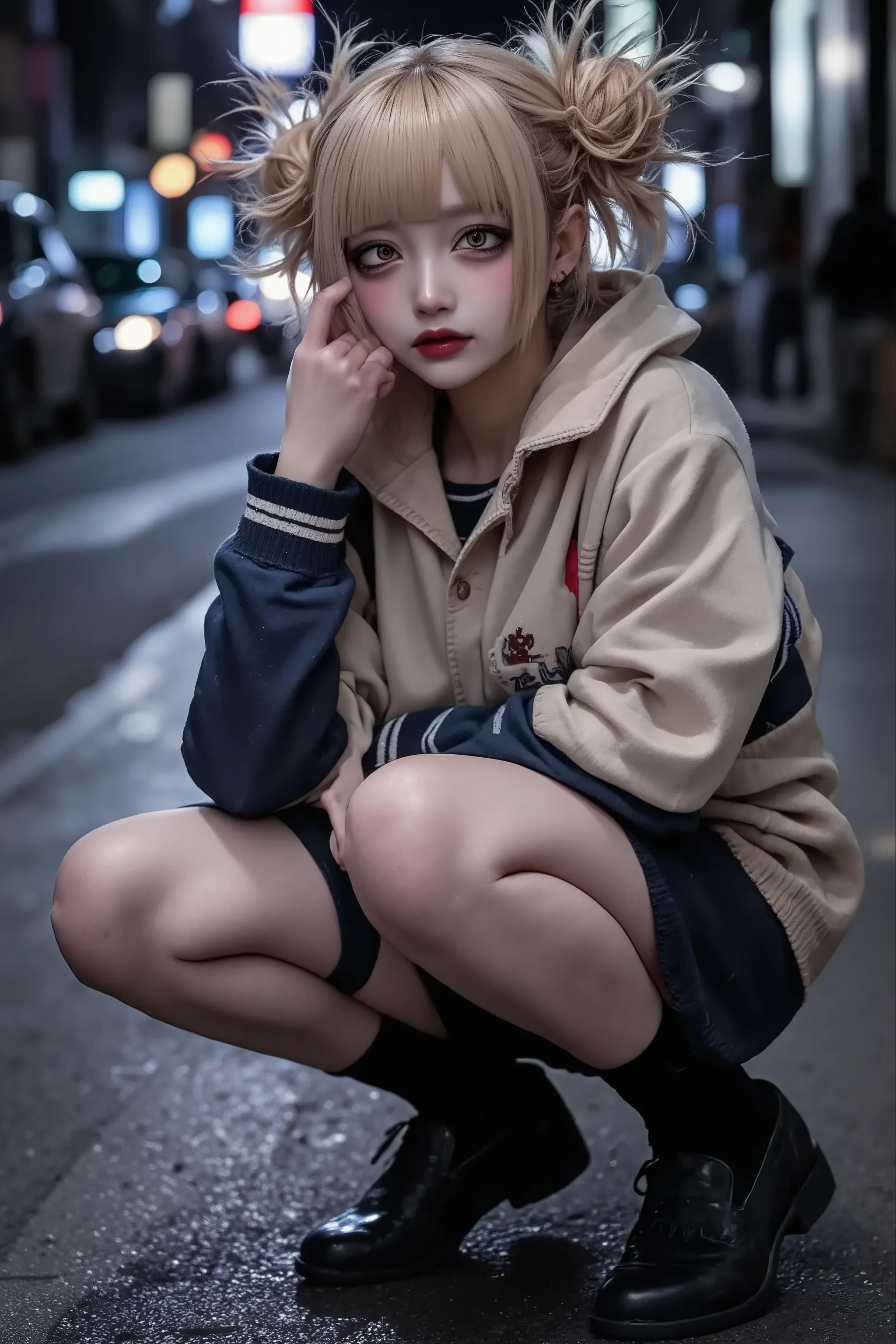 1girl,street snapshot,(fullbody),solo,blonde hair,school outfit,Asian squat,black socks,loafer,horror mood,at night,anatomical correct,cute fingers,fashion portrait,artist photoshoot,solo,Touching the face,dynamic pose,dynamic angle,dramatic,cinematic,Toga...