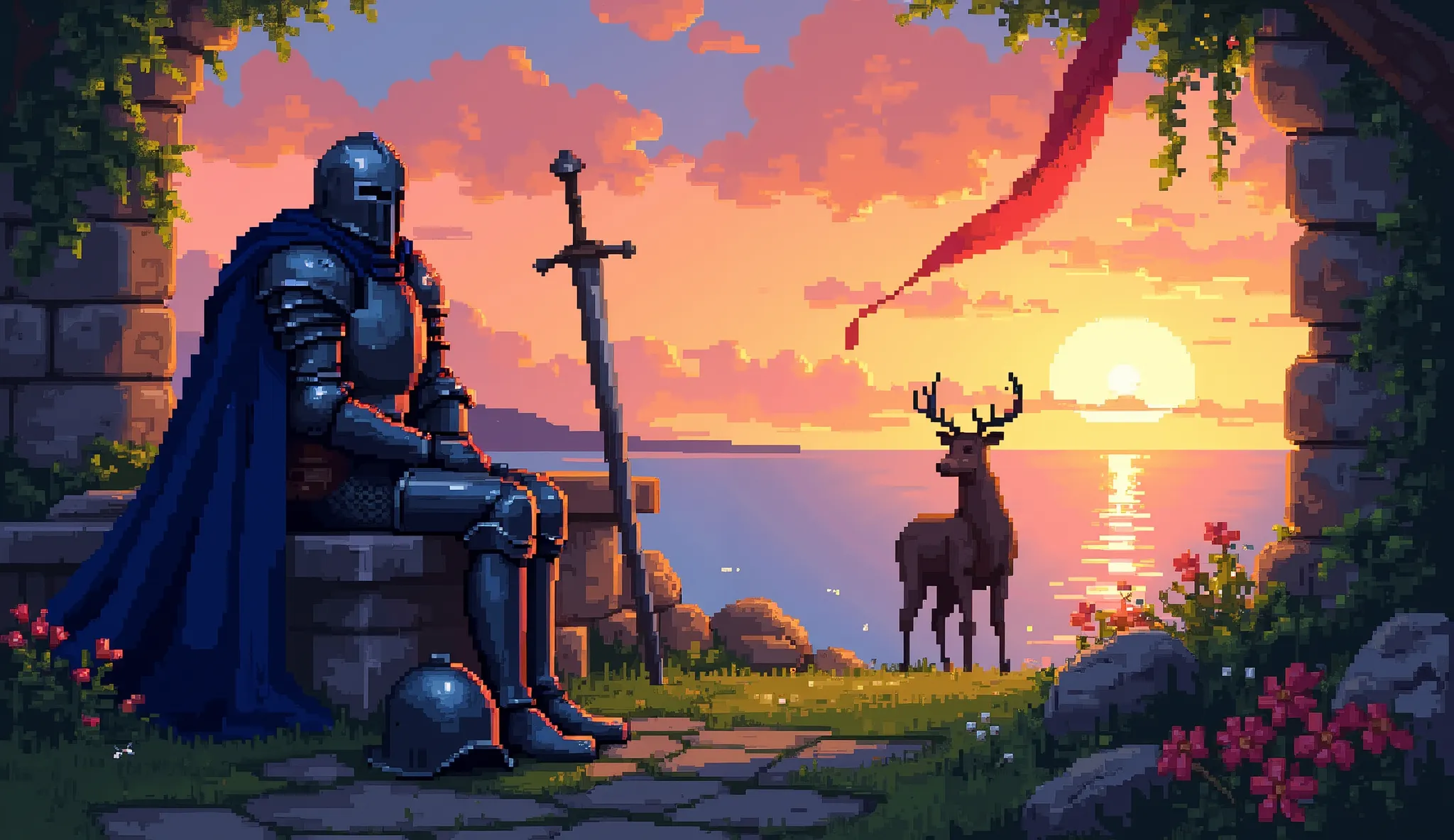 Highly detailed pixel art scene in retro dark fantasy RPG style. A tired medieval knight in full plate armor with a deep blue cape sits on a mossy stone bench at sunset, helmet off, gazing at the sea. His ornate sword lies on the ground beside him, untouch...