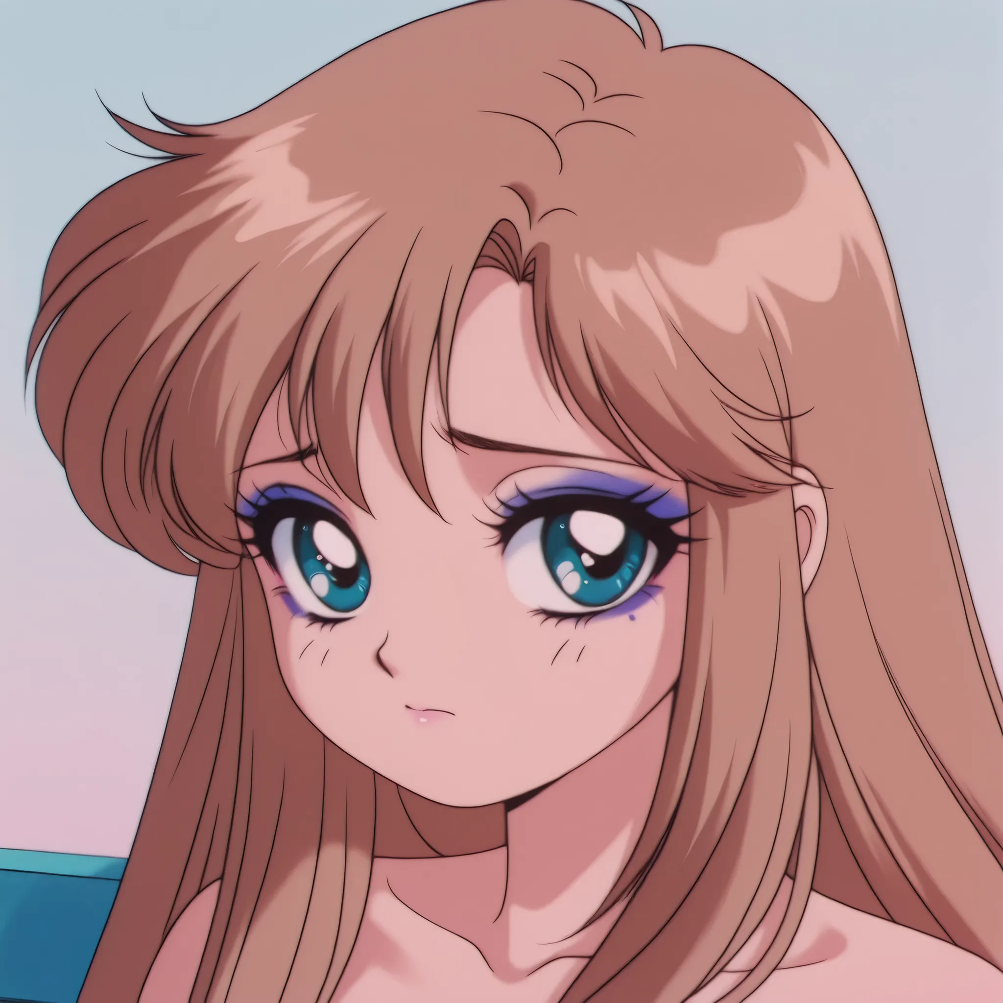 1girl, cute age girl with long straight light brown (russet) hair, fair skin, soft facial features, tired expression, grayish blue-green eyes (hazel-gray), subtle makeup, looking at the viewer, semi-realistic or anime-style, high detail, crisp lines, soft ...