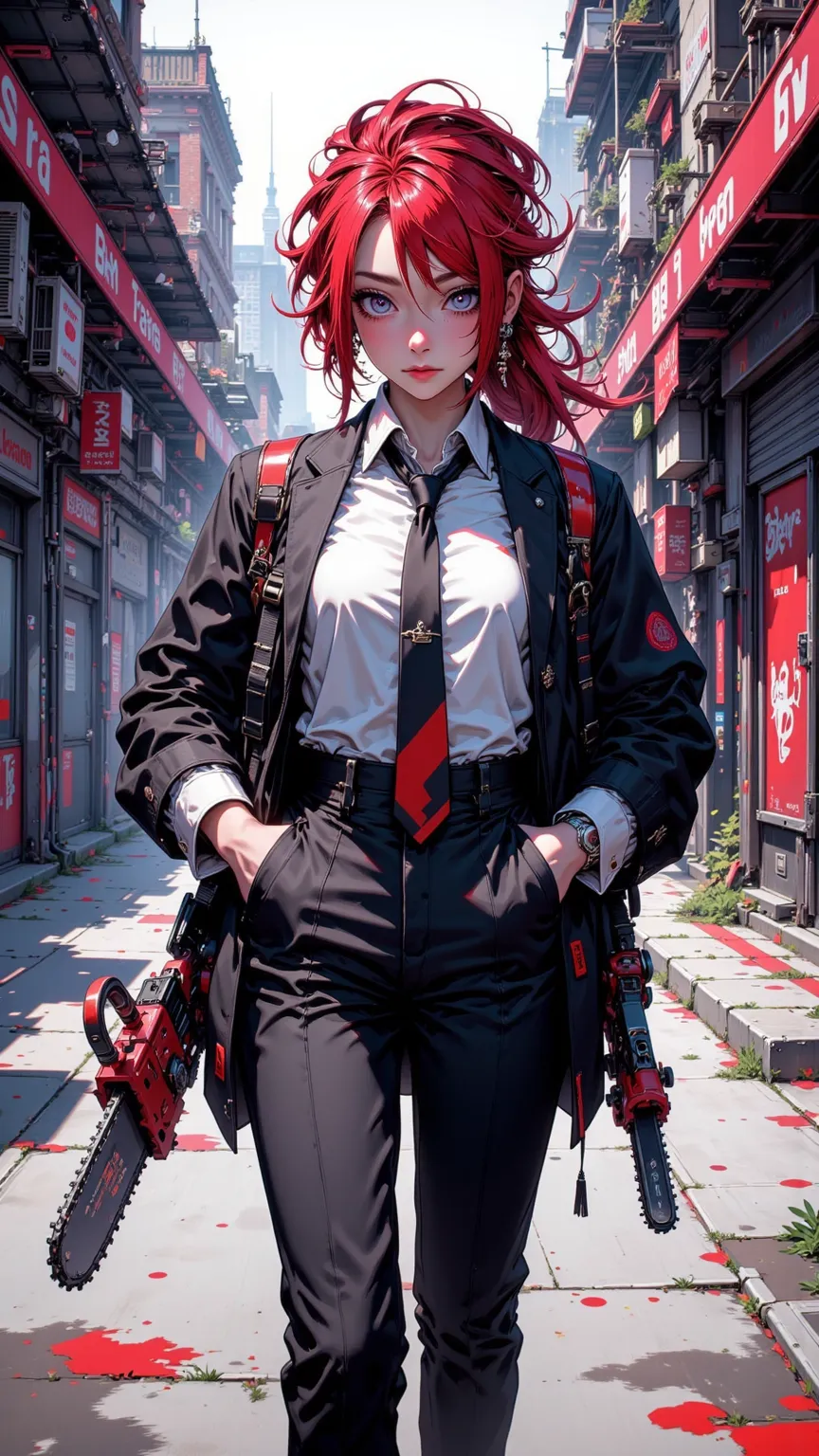   girl，solo，red hair，hair combed backwards，Thick eyebrows，dark blue eyes，Fine eyes，Slight lips，clown makeup，
Colored suit，formal shirt，tie，Formal Shoes，
Chainsaw，weapons，拿著Chainsaw，肩扛Chainsaw，
walk、casual pose、Hands in pockets、 Confident posture 、looking at the audience、Fake Smile、 Serious Emotions、Patient 、Villain 、美國Patient 、Fashion、
simple background，New York background，
masterpiece、best quality、Amazing quality、is very beautiful、absurd、newest、（anime coloring：1.3）