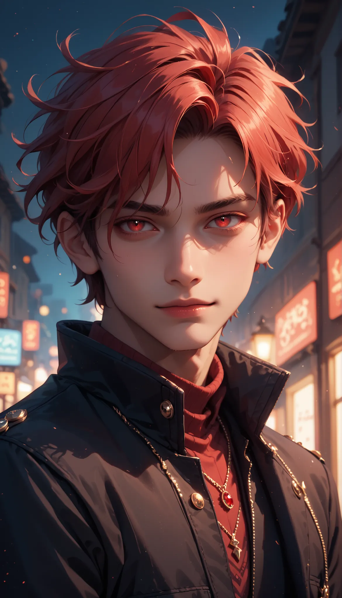 Fraction_9, Fraction_8_up, Fraction_7_up, portrait, A boy in a modern black coat,Crimson eyes,My eyes are cold , Late Night,A slight smile on the corner of his mouth , 4n1v3rs3, depth of field, dynamic angle, Fashion Photography , Sharp, Highly Detailed:1...