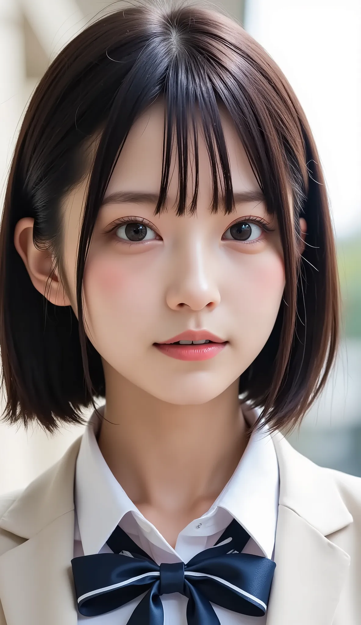unworn 、close his eyes、close your mouth:1.2、realistic、Photorealistic、very detailed、The inside with the most detailed skin、best quality、masterpiece、Ultra high definition、very short hair、Women's College、young girl、1 girl、bang、double eyelids、Drooling eyes、The...