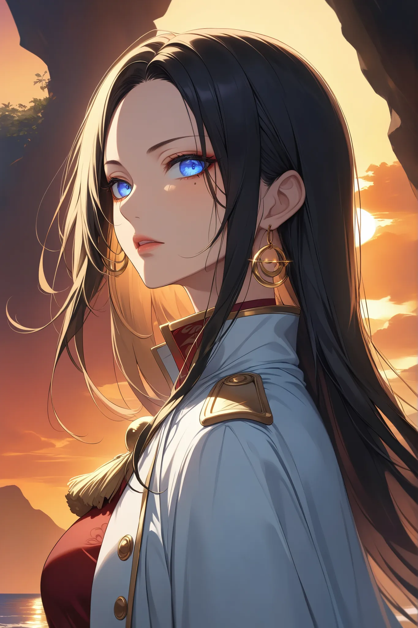 ((masterpiece)), ((extreme quality)), ((RAW 8K)), ((photorealistic anime style)), ((studio-grade golden sunset lighting)), ((hyper-detailed skin texture)), ((natural warm tones)), ((extreme eye detail)), medium shot from waist up,
Boa Hancock from One Pie...