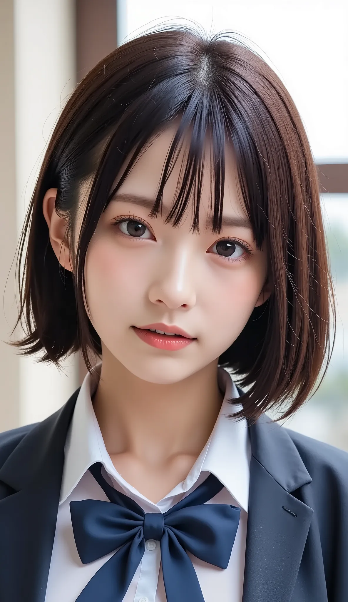 清楚な若い女性、、close your mouth:1.2、realistic、Photorealistic、very detailed、The inside with the most detailed skin、best quality、masterpiece、Ultra high definition、very short hair、Women's College、young girl、、bang、double eyelids、Drooling eyes、The Face of Japan to im...