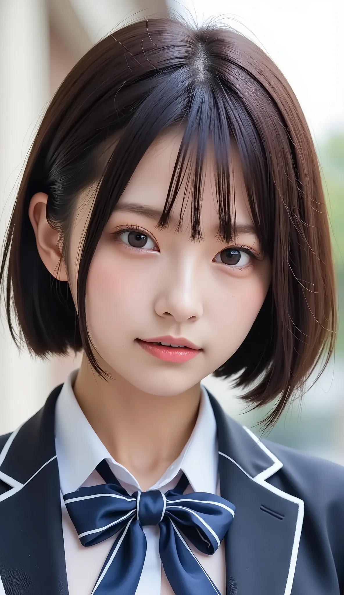 清楚な若い女性、、close your mouth:1.2、realistic、Photorealistic、very detailed、The inside with the most detailed skin、best quality、masterpiece、Ultra high definition、very short hair、黒髪、Women's College、young girl、、bang、double eyelids、Drooling eyes、The Face of Japan to...