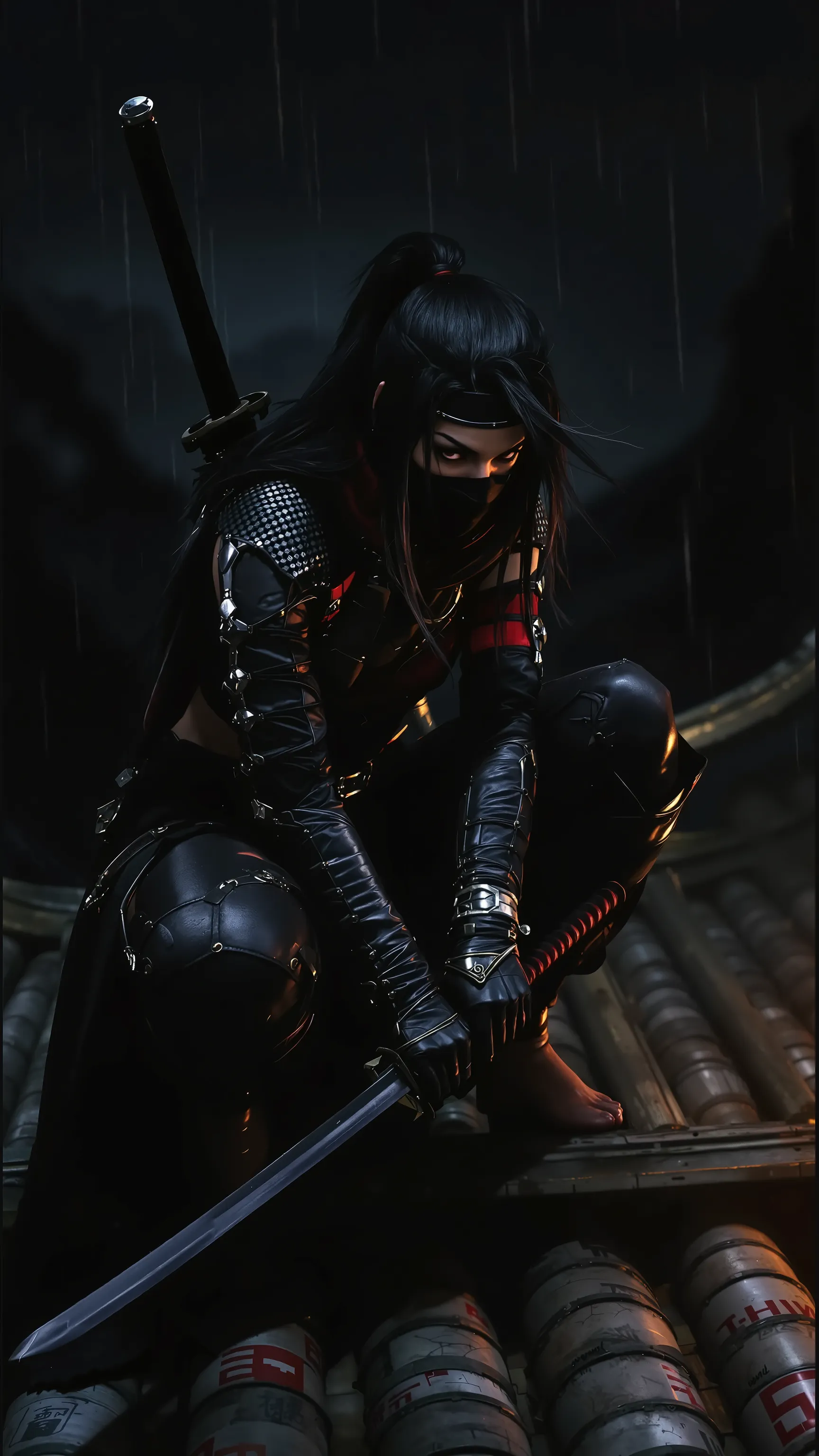 Full body view of Female shinobi looking down ready to action, crouching on an oriental roof , masked, visible long black hair, with katana, dark padded outfit with leather and metallic accessories, barefoot, black and red, dark tones, muted colors, high c...