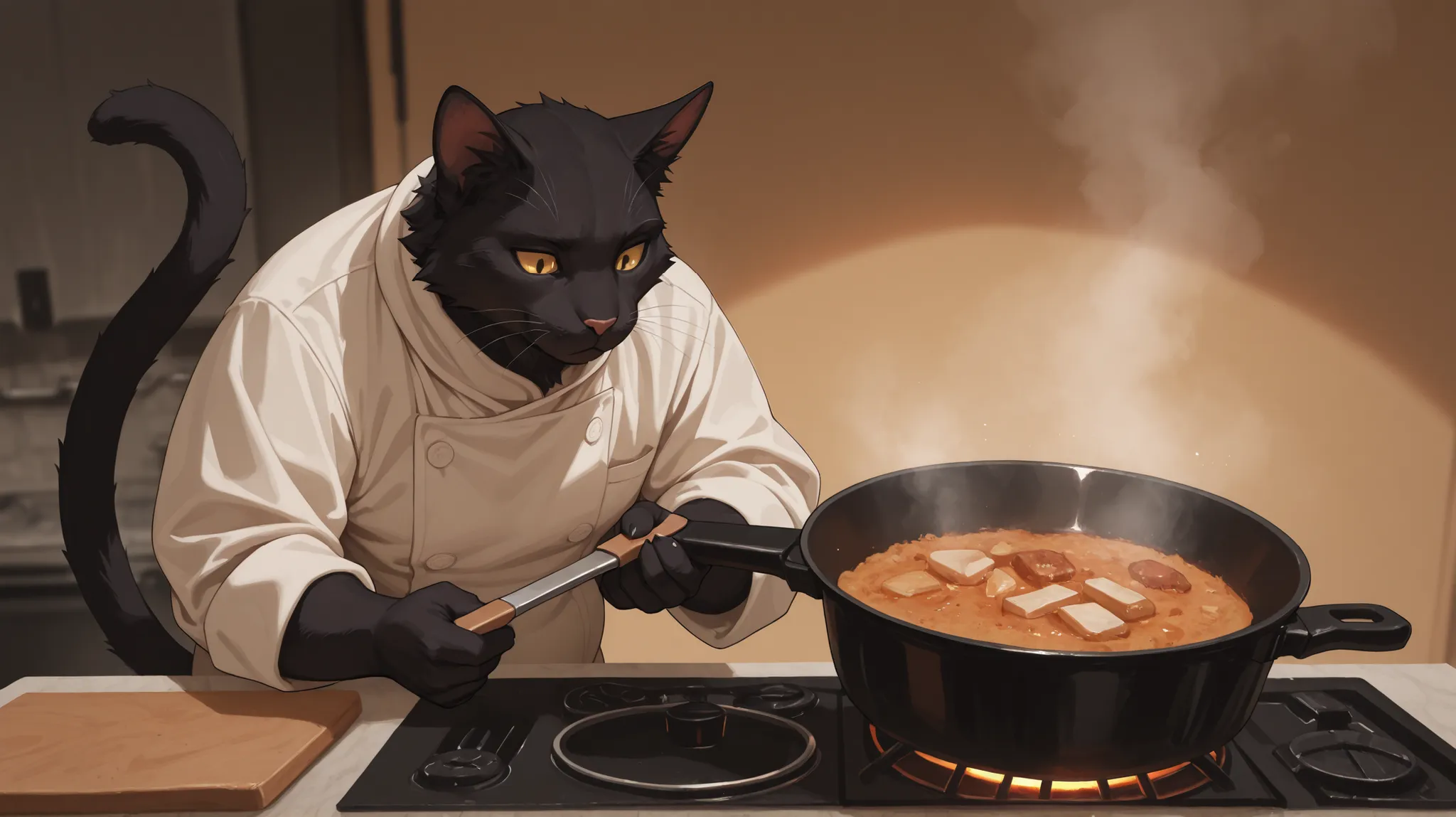 (masterpiece, highest quality, ultra-detailed, clear image, 8K, CG, high quality anime picture, long-range photography), A large, chubby black cat standing upright like a human, wearing a gray chef coat , its tail is long and curved, with a serious and cal...