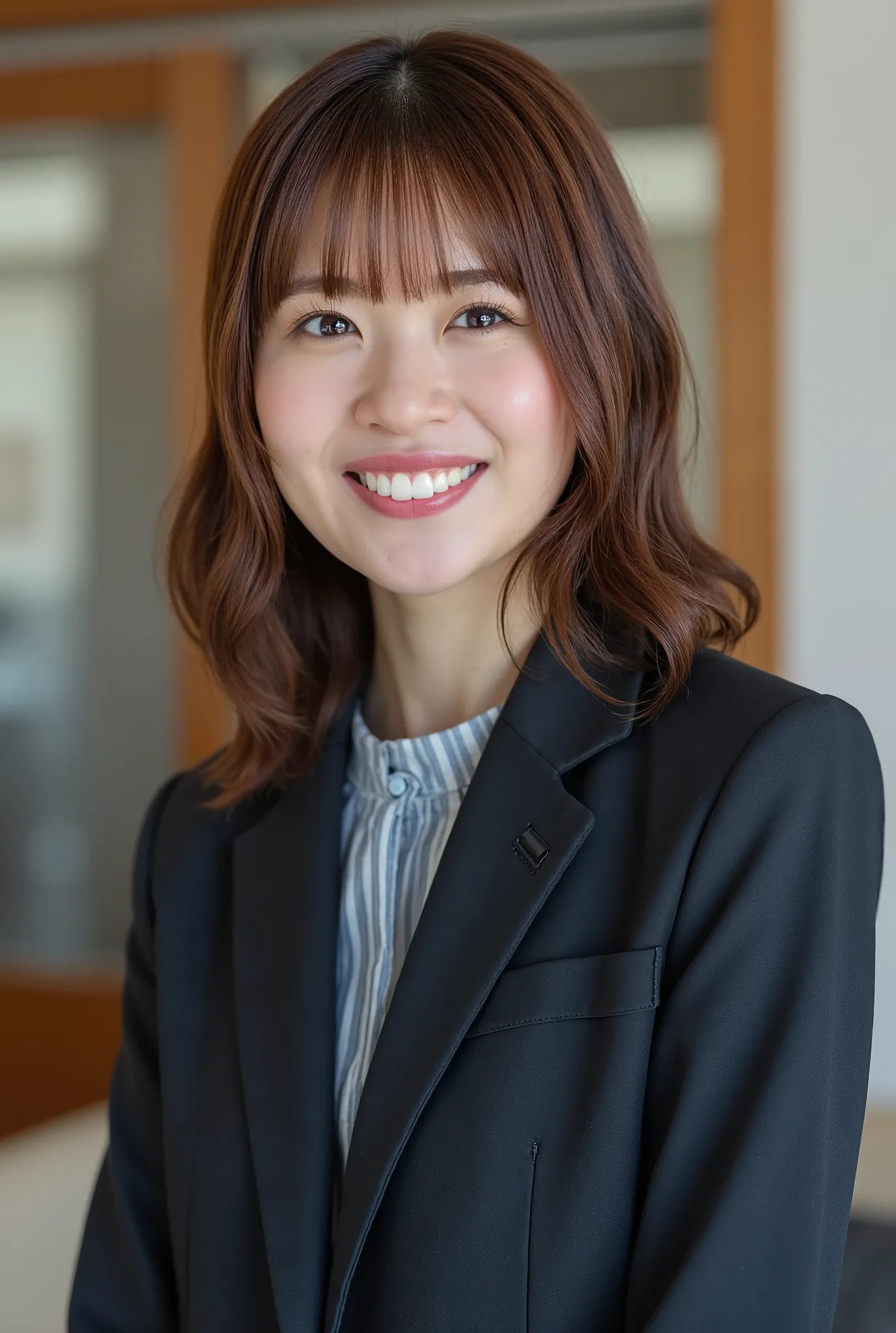 Neat Young Woman、and look at the camera、smile showing teeth、office lady suit、jacket、shirt、髪型ショートカット、 brown hair、dark eyeshadow、upper body、Background is in a room、