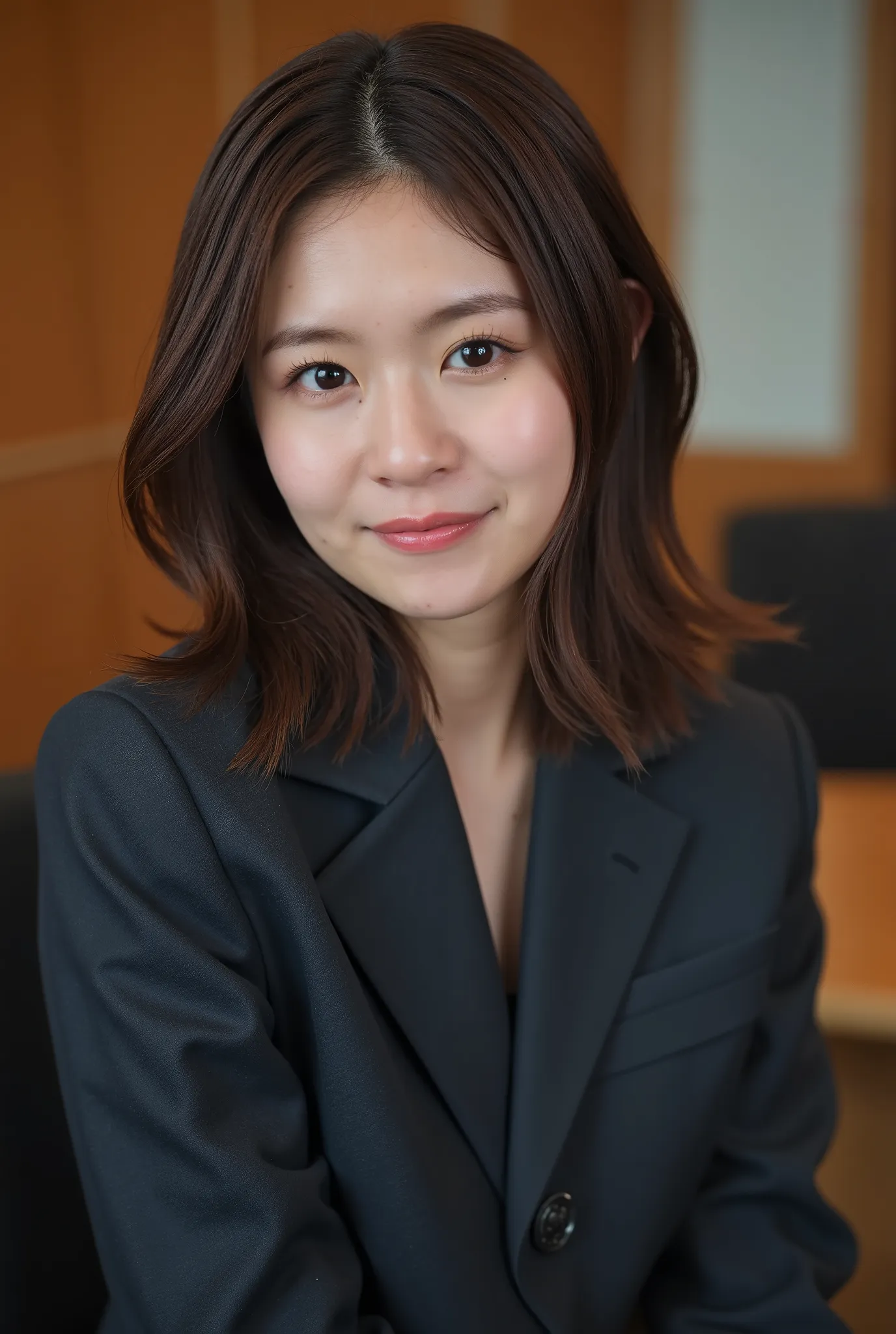 Neat Young Woman、and look at the camera、smile showing teeth、office lady suit、jacket、shirt、髪型ショートカット、 、dark eyeshadow、upper body、Background is in a room、