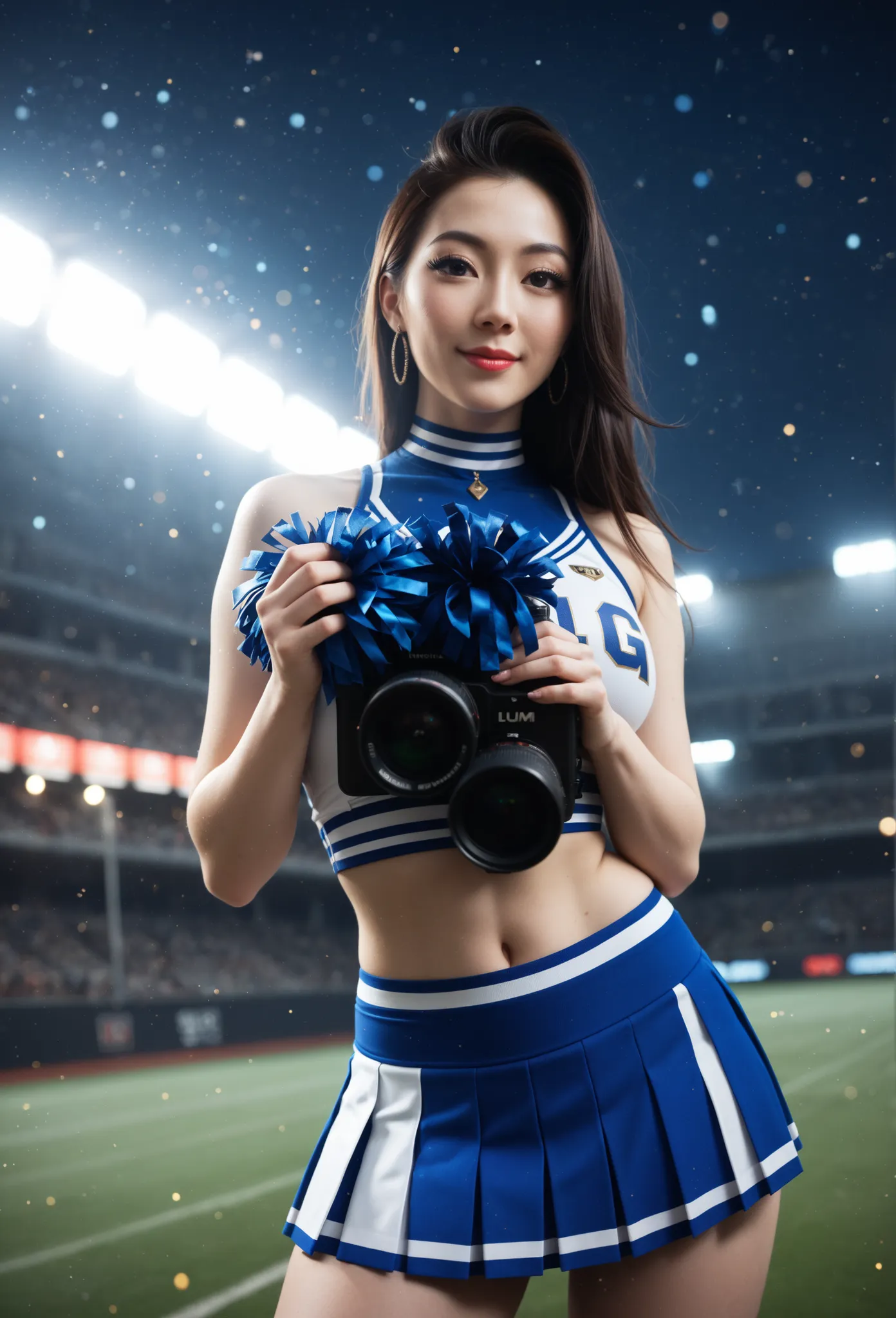 Sexy goregeous tan skinned Asian woman, CHEERLEADER, Best Quality, Masterpiece, hight resolution, Original, extremely detailed wallpaper, perfect  lighting,(extremely detailed CGI:1.2), Geourgeous woman, Splashart, League of Legends SplashArt, Art, Brush s...