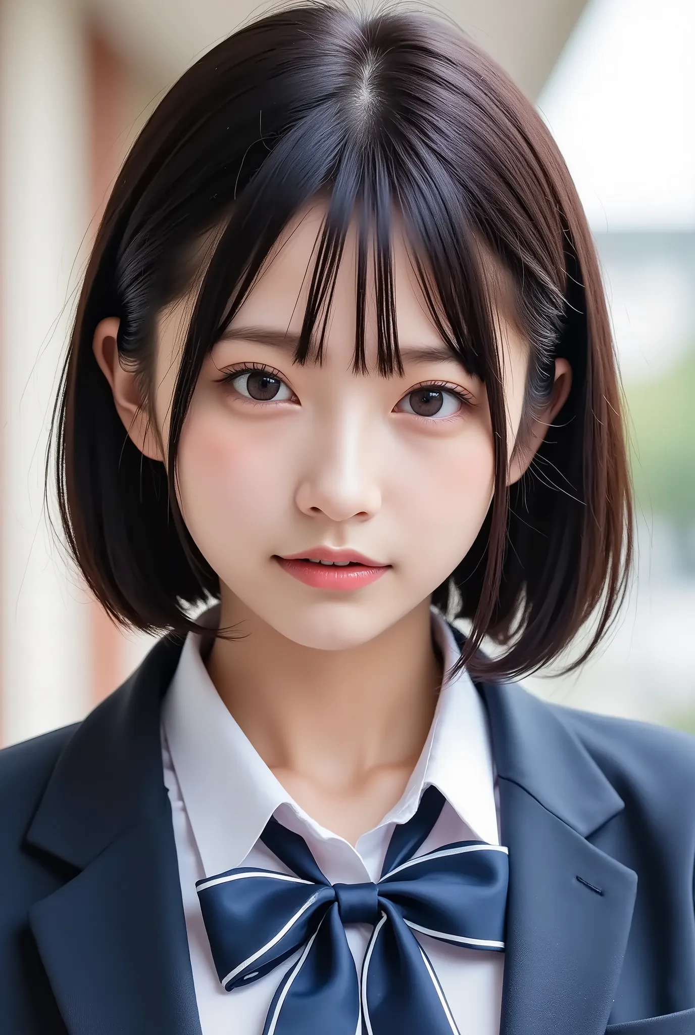 清楚な若い女性、、close your mouth:1.2、realistic、Photorealistic、very detailed、The inside with the most detailed skin、best quality、masterpiece、Ultra high definition、very short hair、Women's College、young girl、、bang、double eyelids、Drooling eyes、The Face of Japan to im...