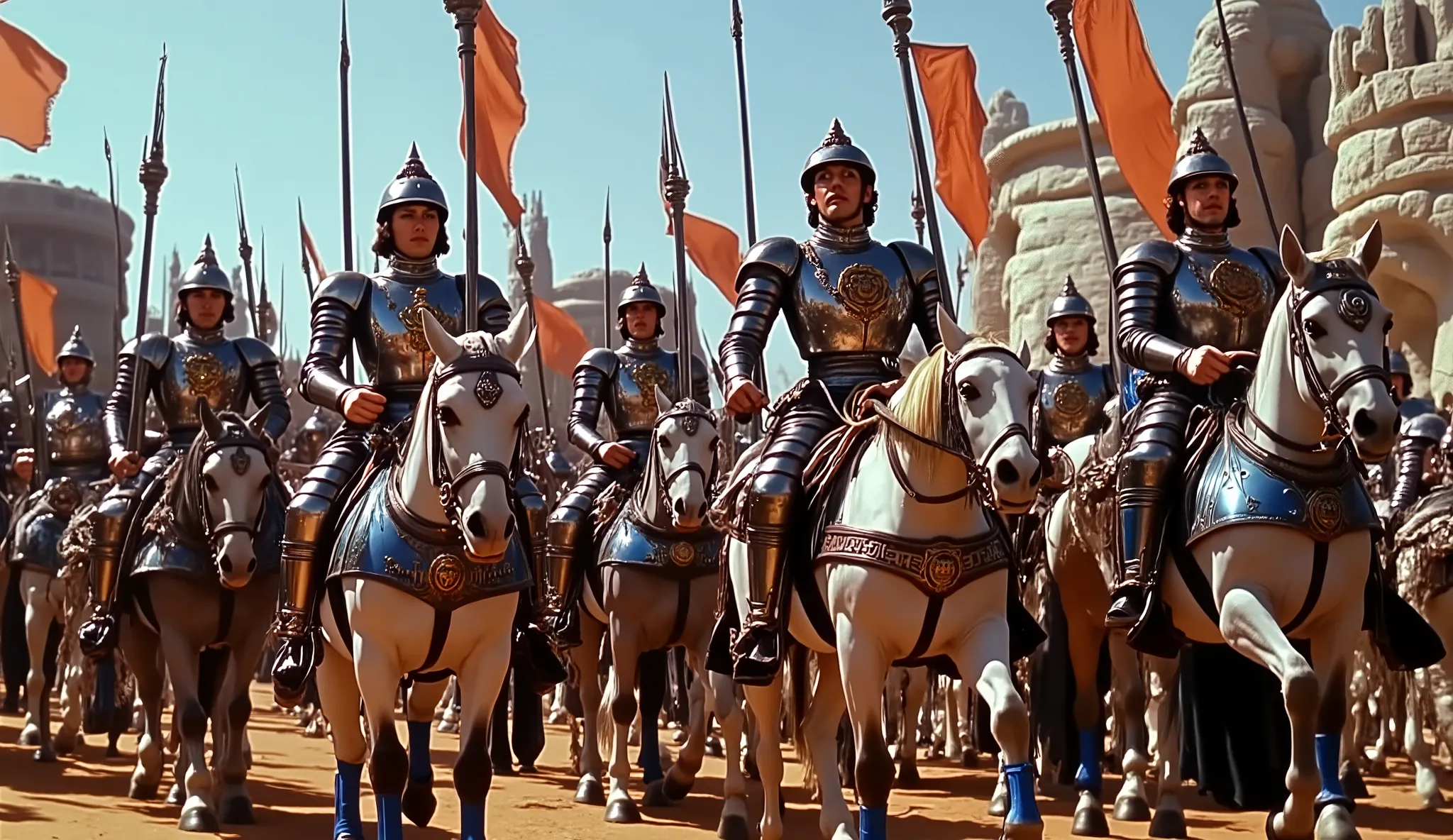 1950s,Image is a cinematic scene featuring a group of armored warriors on horseback, set in a historical or fantasy context. The layout is a wide shot capturing multiple figures in ornate armor, predominantly silver with blue accents, and helmets with cres...