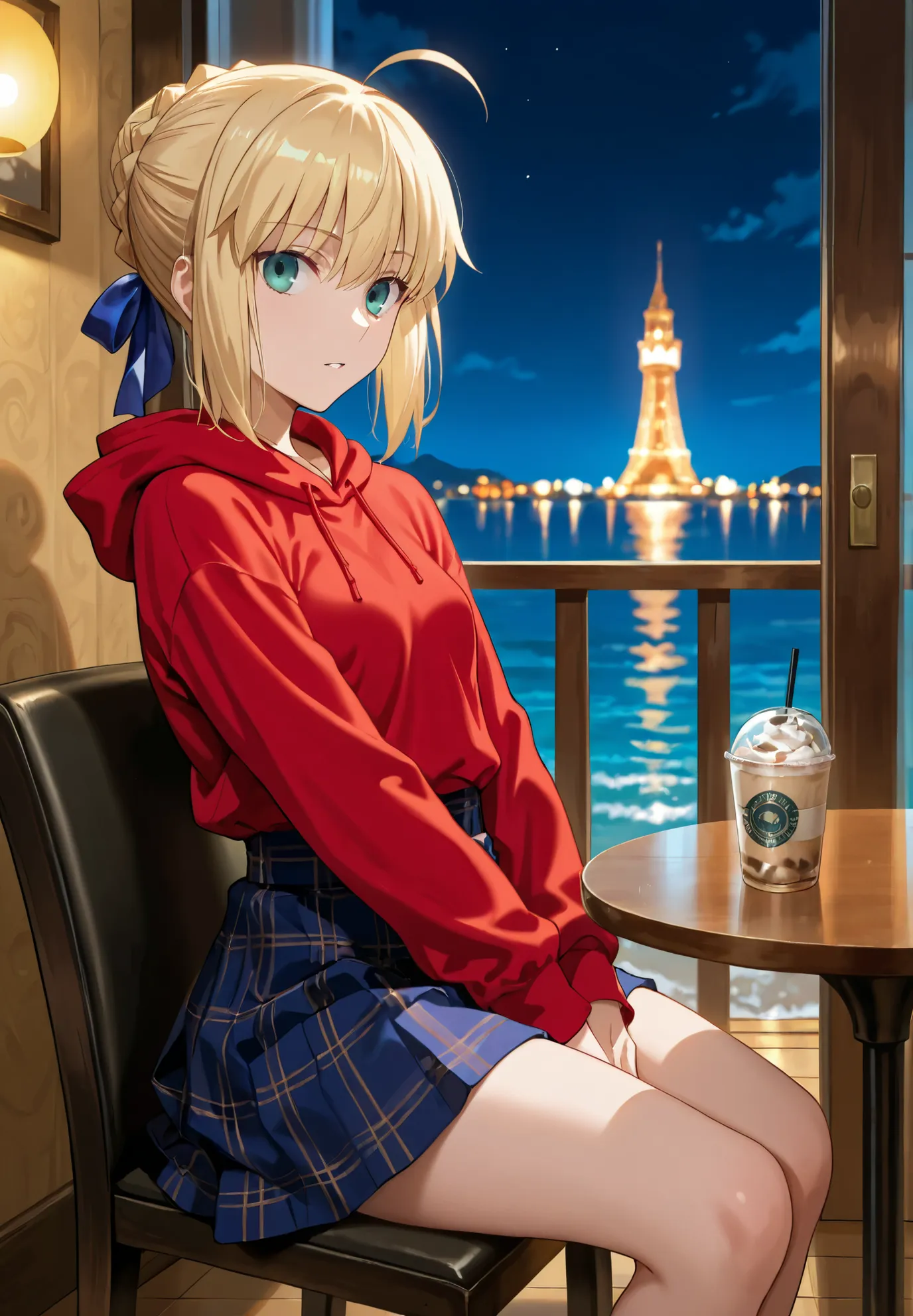 1girl, solo,Fate series, Saber,Artoria Pendragon, hoodie, skirt, naturally sagging small breasts, sitting in a cafe, seaside resort,night time,sexy pose,alluring atmosphere,cinematic lighting,masterpiece,top quality,warm color,high resolution,high fashion,...
