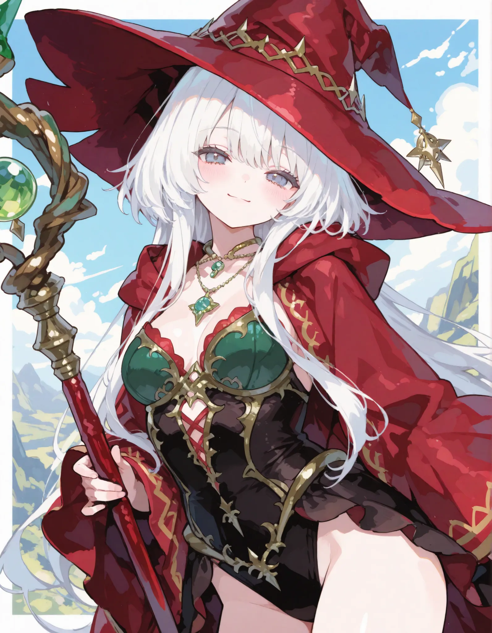 Masterpiece, She has a red witch hat, white hair, light blue eyes, an emerald necklace, and a long golden staff, and the staff shines, ((smile)), kawaii art style, fantasy, elaborate costumes